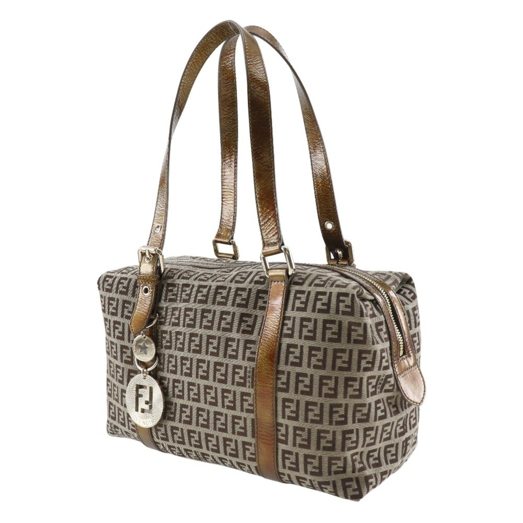 FENDI Zucca Shoulder Bag Boston Nylon Canvas Double