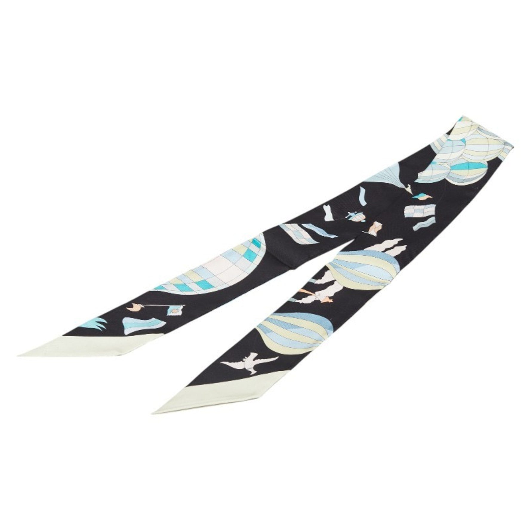 Hermès Twilly "Les Folies Du Ciel" Scarf, Black, Beige, Multicolor, Silk, HERMES