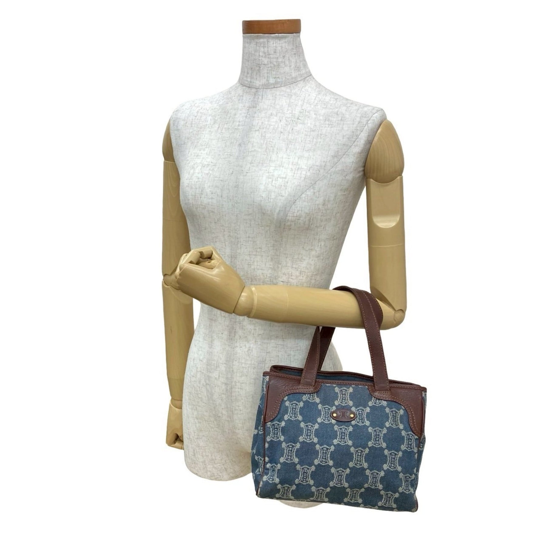 CELINE Macadam Triomphe Print Leather and Denim Mini Tote Bag, Brown Blue