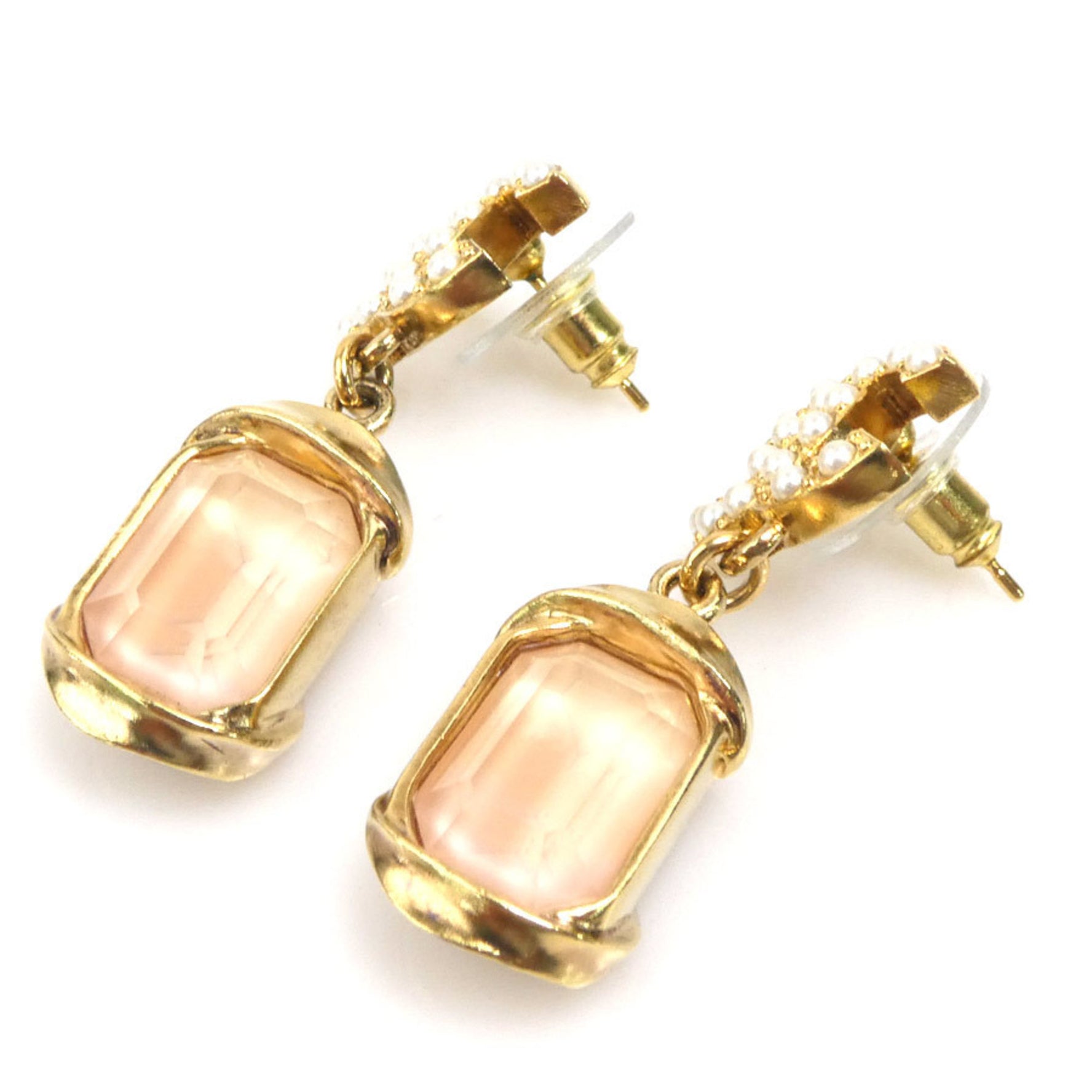CHANEL Earrings Coco Mark Metal Faux Pearl Stone Gold Off-White Pink