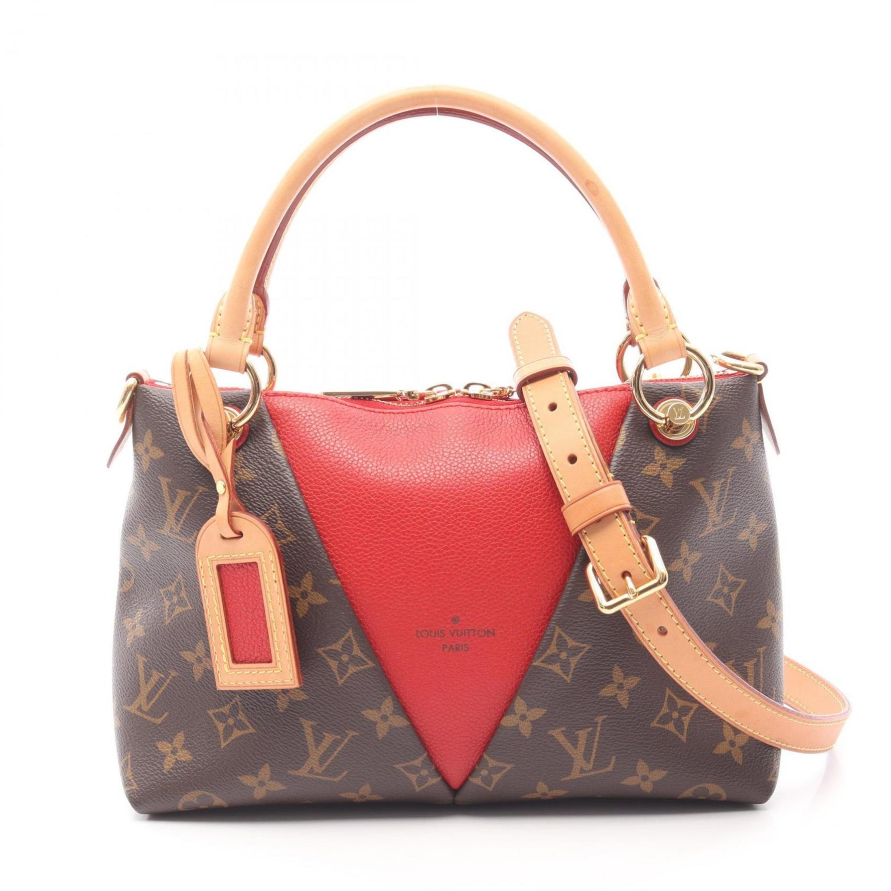 Louis Vuitton V Tote BB Handbag, Coated Canvas and Leather, Monogram, Brown Red