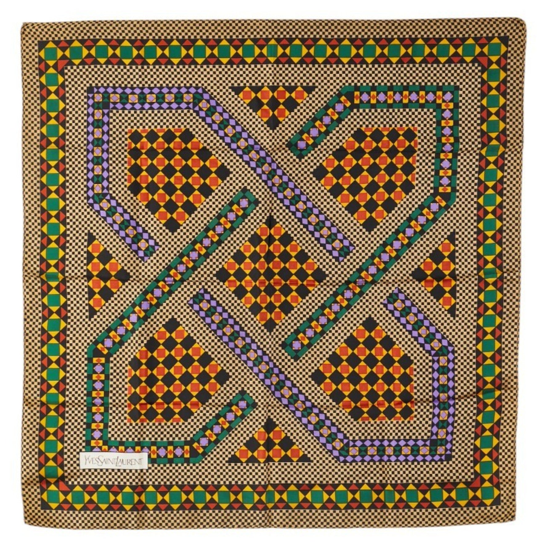 Saint Laurent geometric motif scarf, beige, black, multicolor, silk, SAINT LAURENT