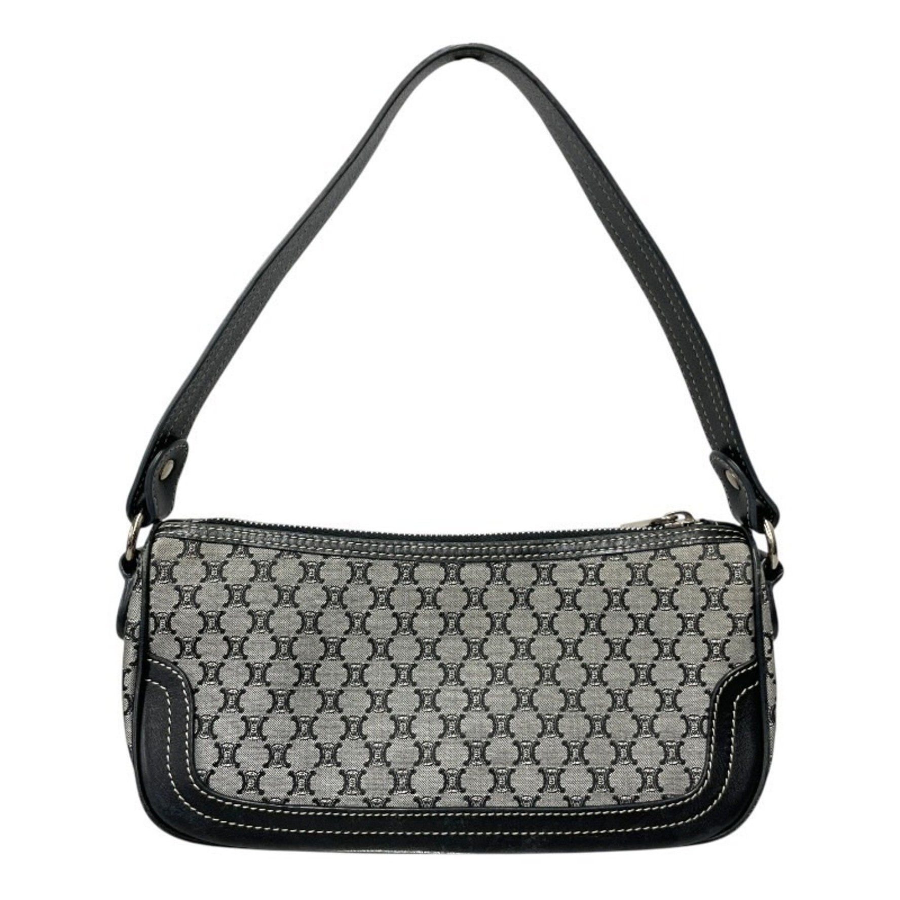 CELINE One-Shoulder Bag, Canvas Shoulder Macadam, Gray, Black Leather, Accessory Pouch, Handbag