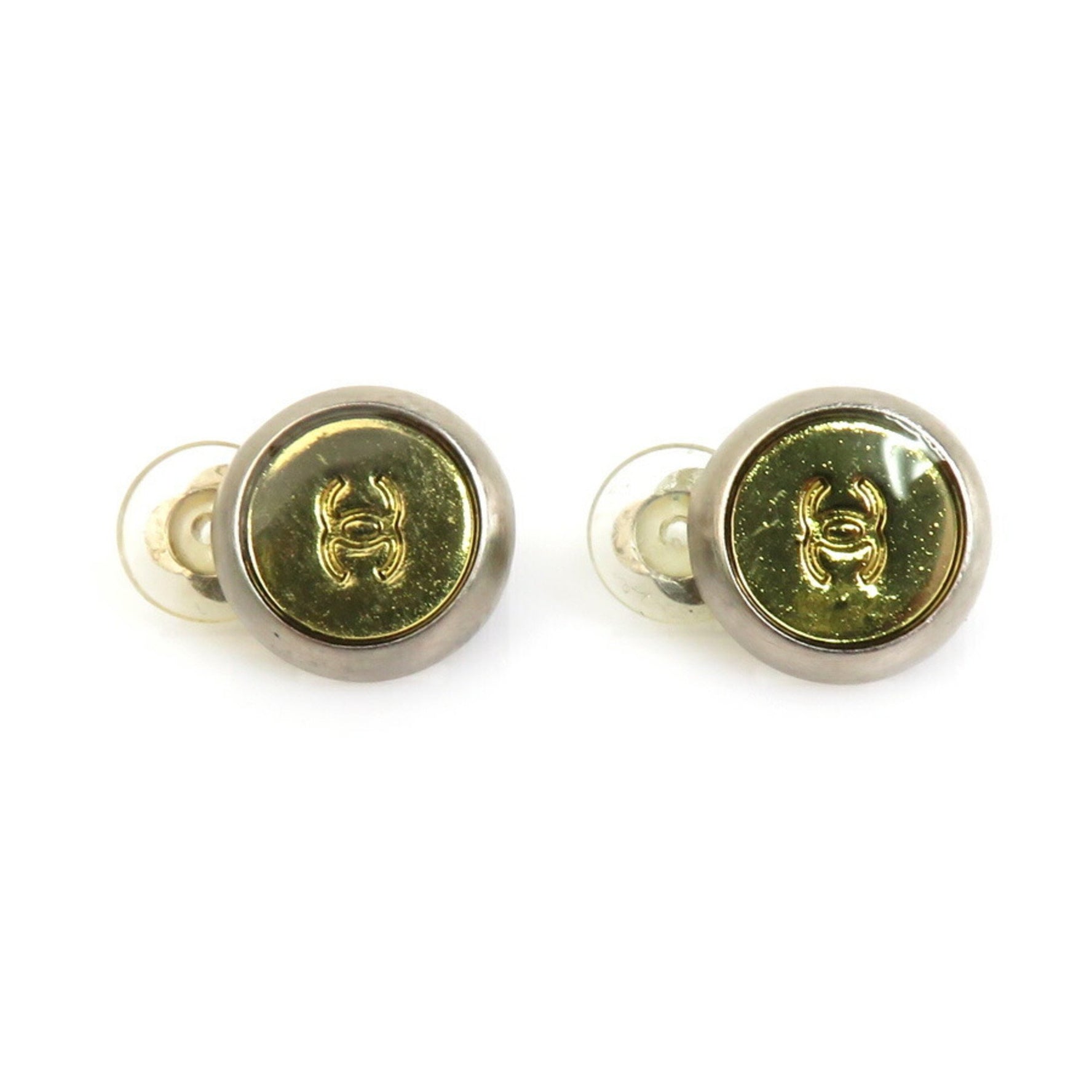 CHANEL Coco Mark Metal Earrings Silver x Gold