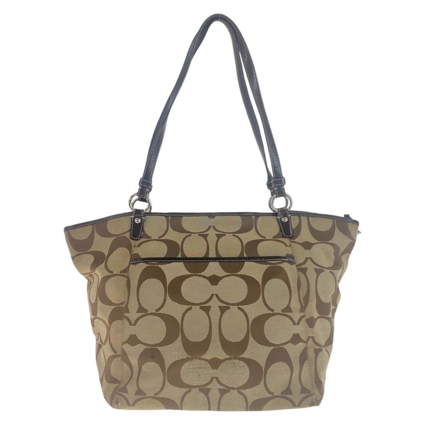 COACH Signature Brown Beige Silver Hardware Canvas Leather Tote Bag Shoulder