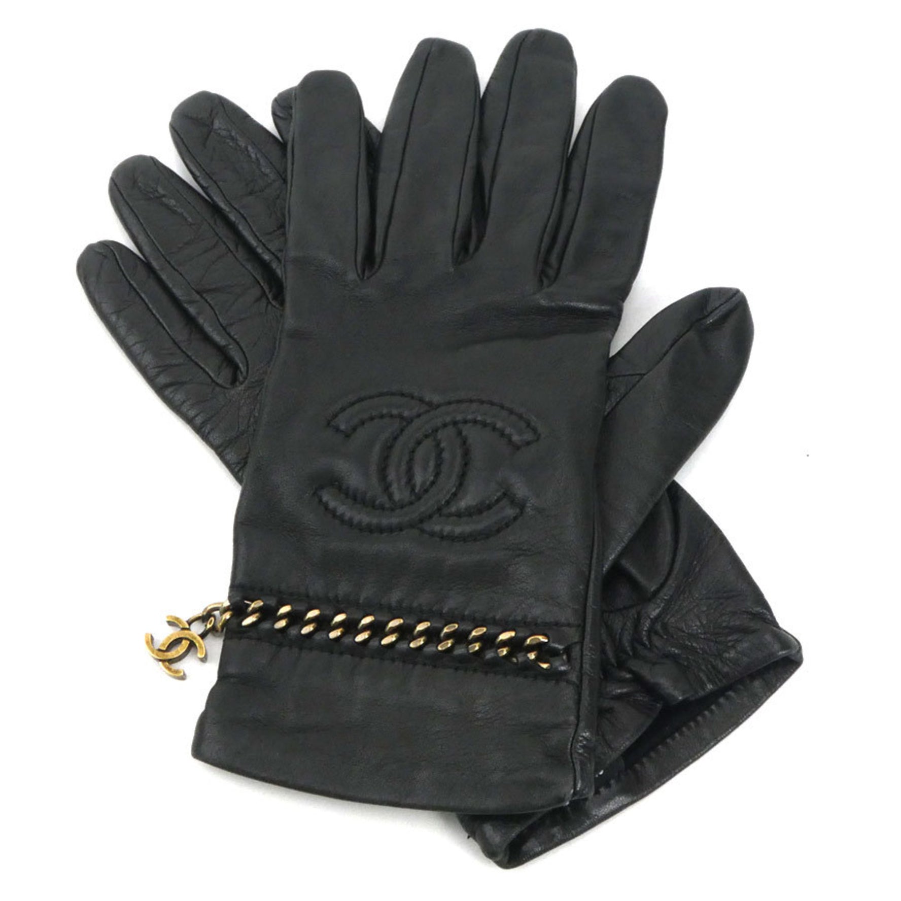 CHANEL Coco Mark Gloves Leather Metal Black Gold