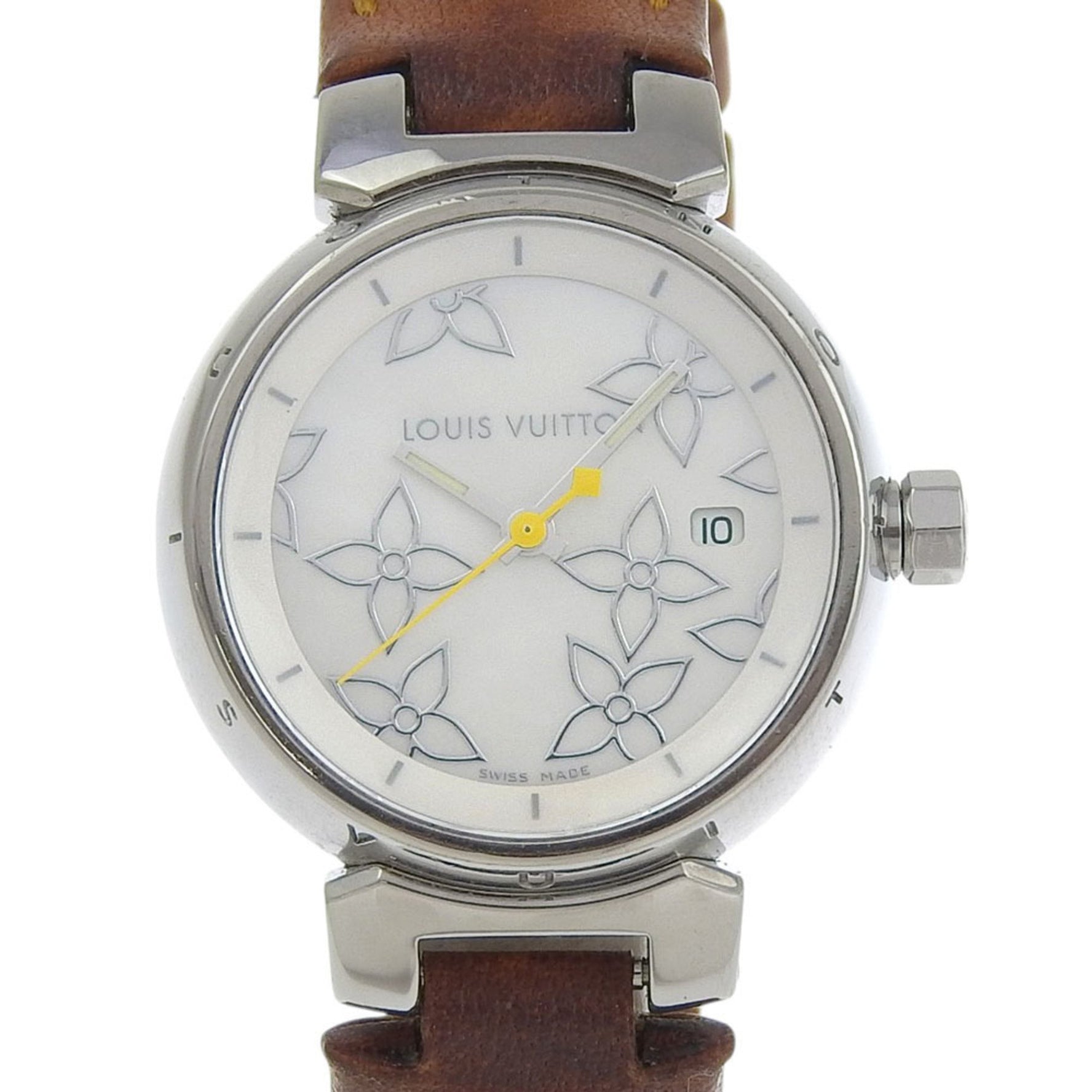 Louis Vuitton Tambour Watch, Stainless Steel and Leather, Quartz Movement, Analog Display, White Dial