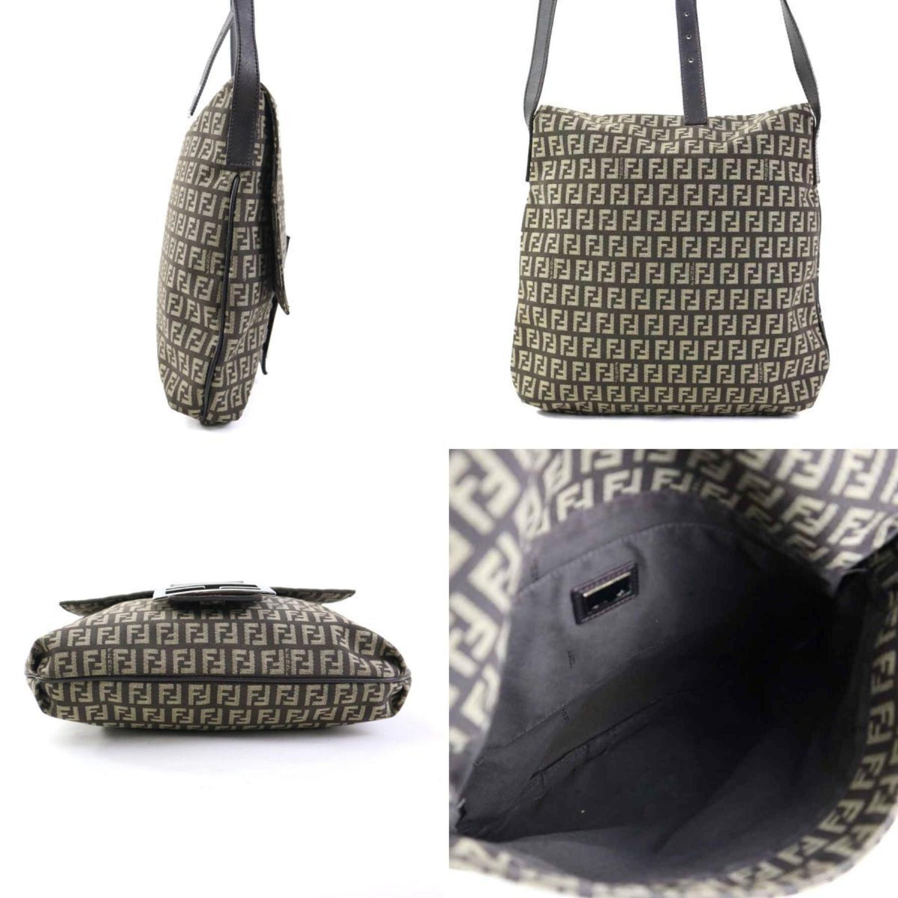 FENDI Shoulder Bag Zucchino Canvas Leather Silver