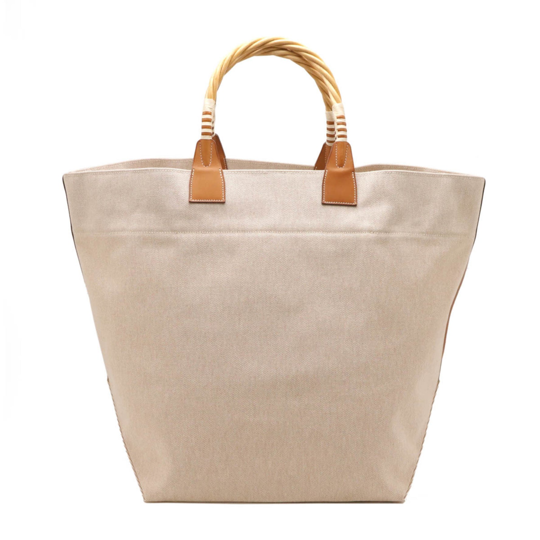 HERMES Steeple Tote Bag Large Toile H Straw Vaubarenia Leather Beige Brown □P Engraved