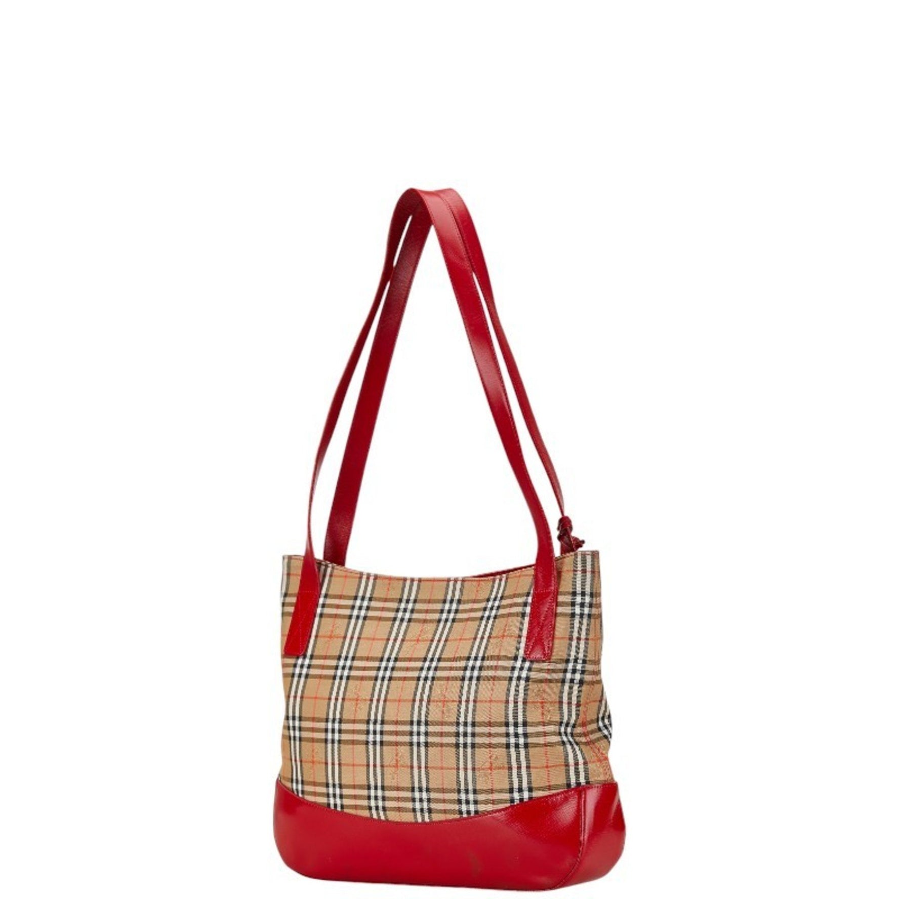 Burberry Nova Check Shadow Horse Tote Bag Shoulder Beige Red Canvas Leather
