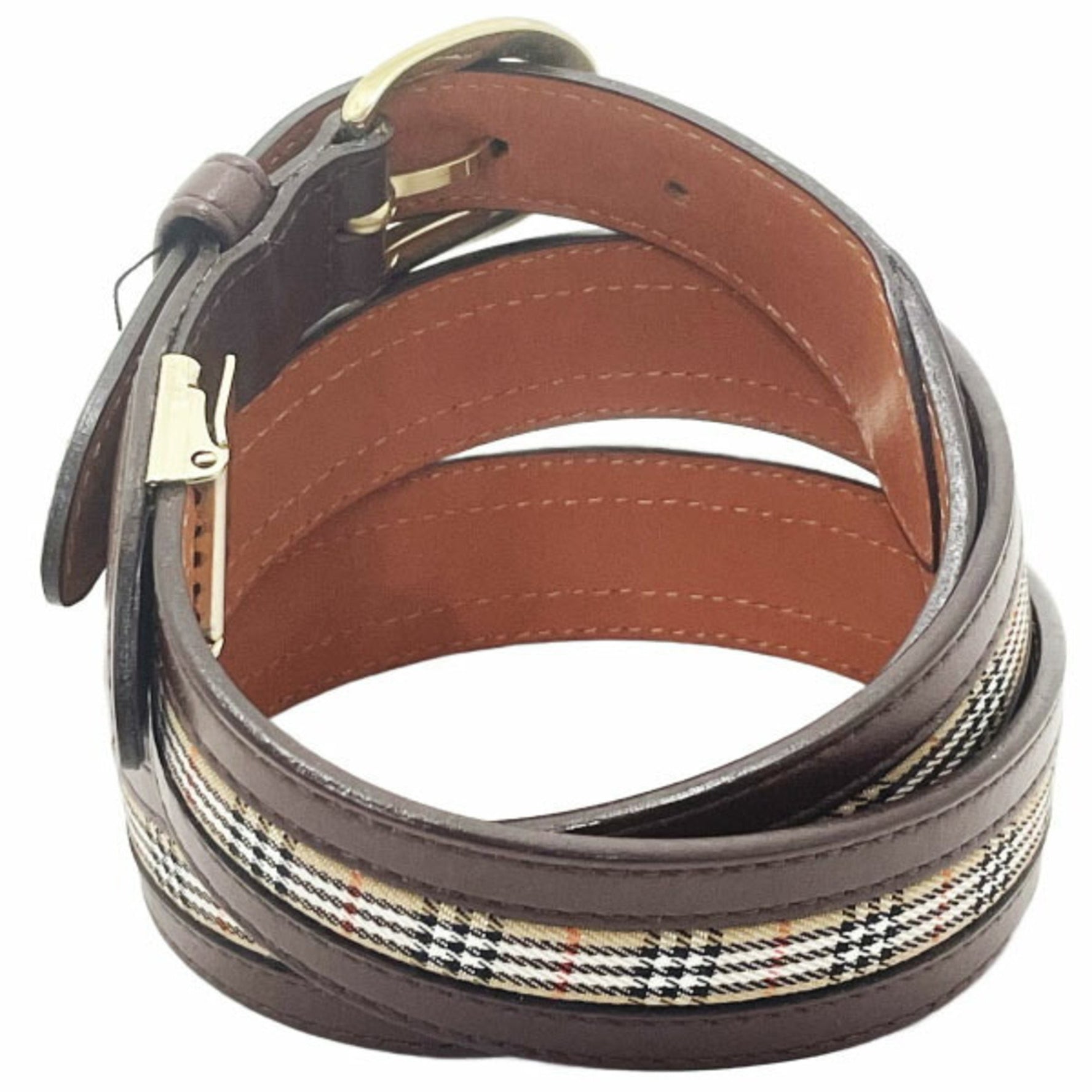 Burberry London Check Pattern Belt Leather Canvas Dark Brown Beige Size approx. LONDON