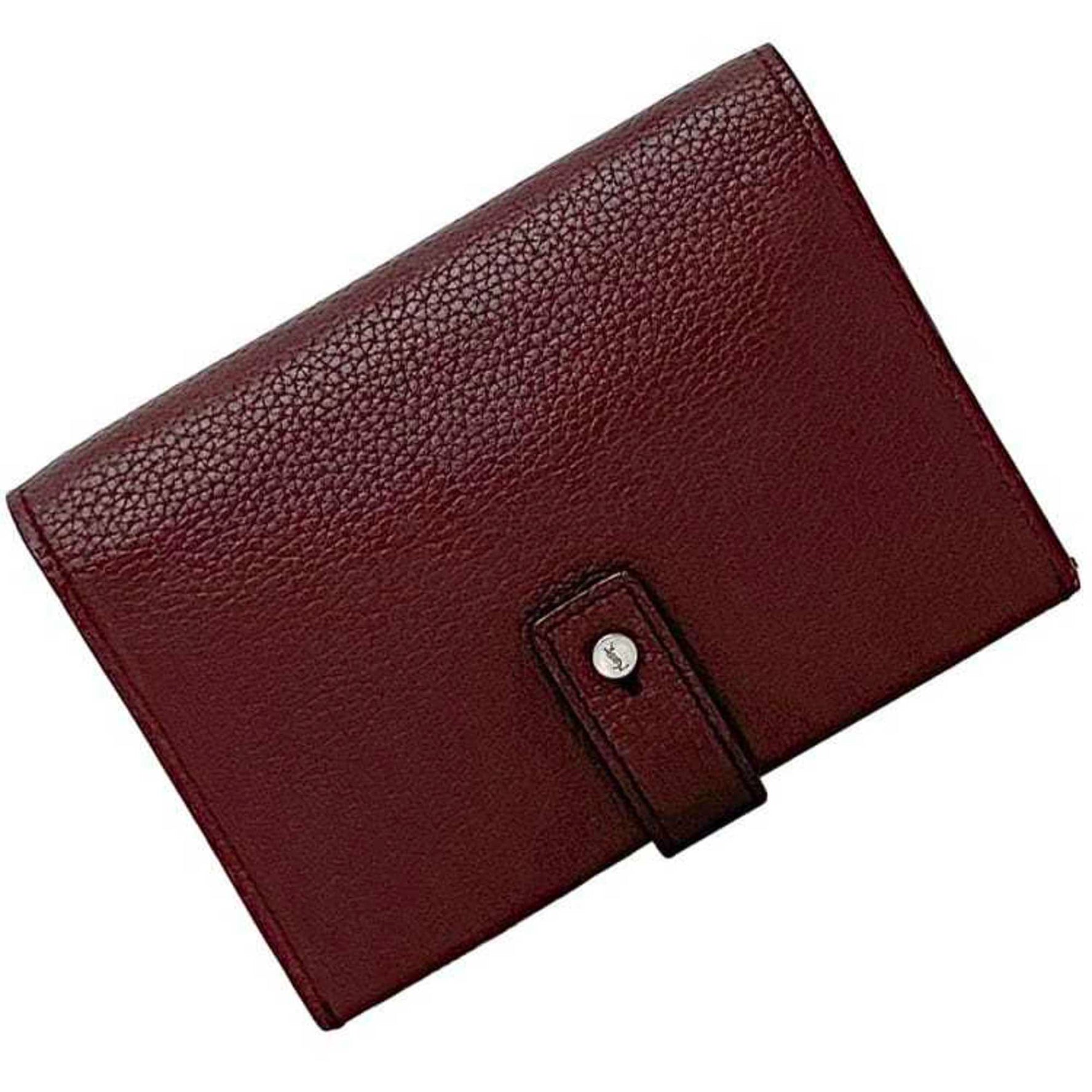 Saint Laurent Bi-fold Wallet Leather 0618 PARIS YSL Grained Compact Mini Wine Red Men's Unisex