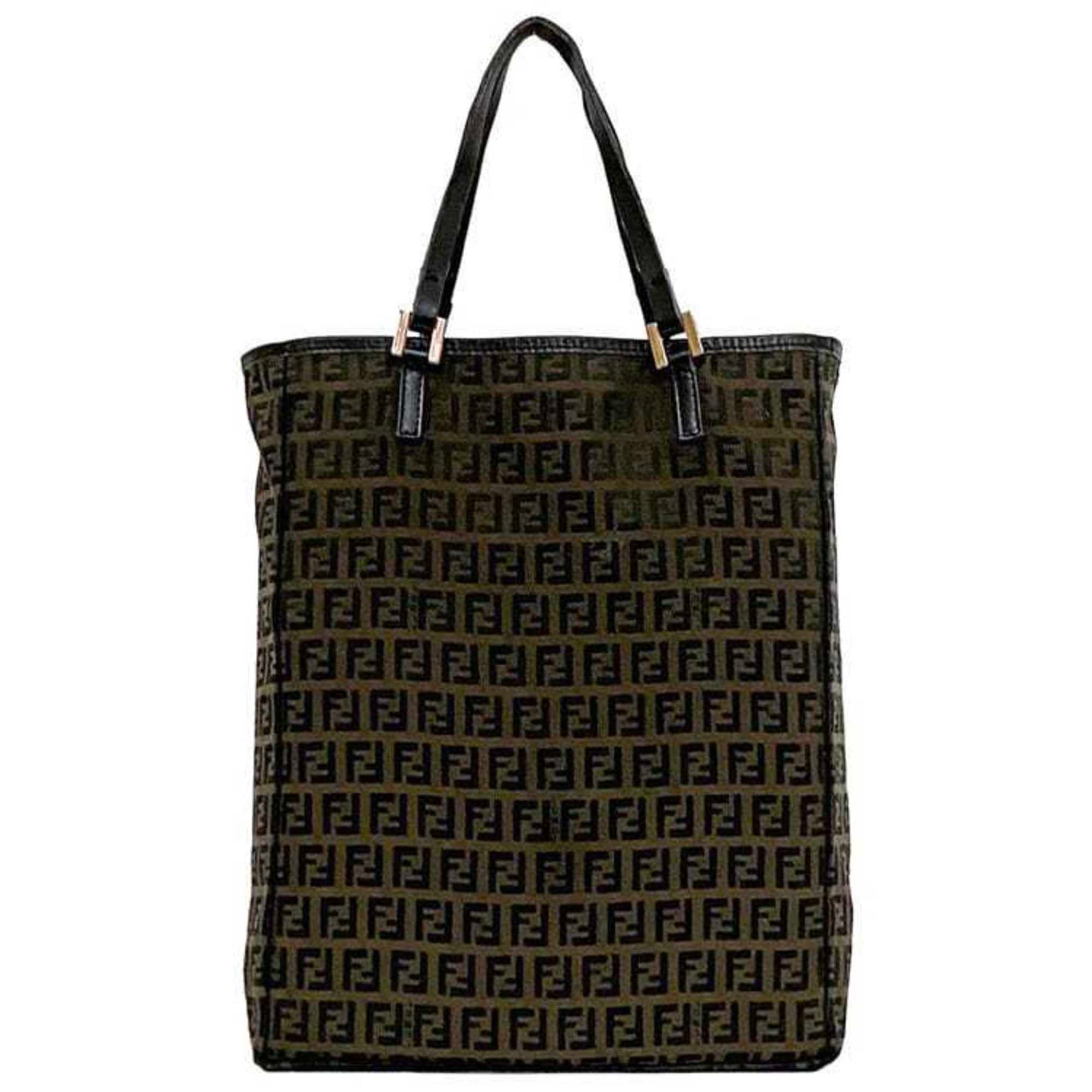 Fendi Tote Bag Brown Black Zucchino Canvas Leather FF