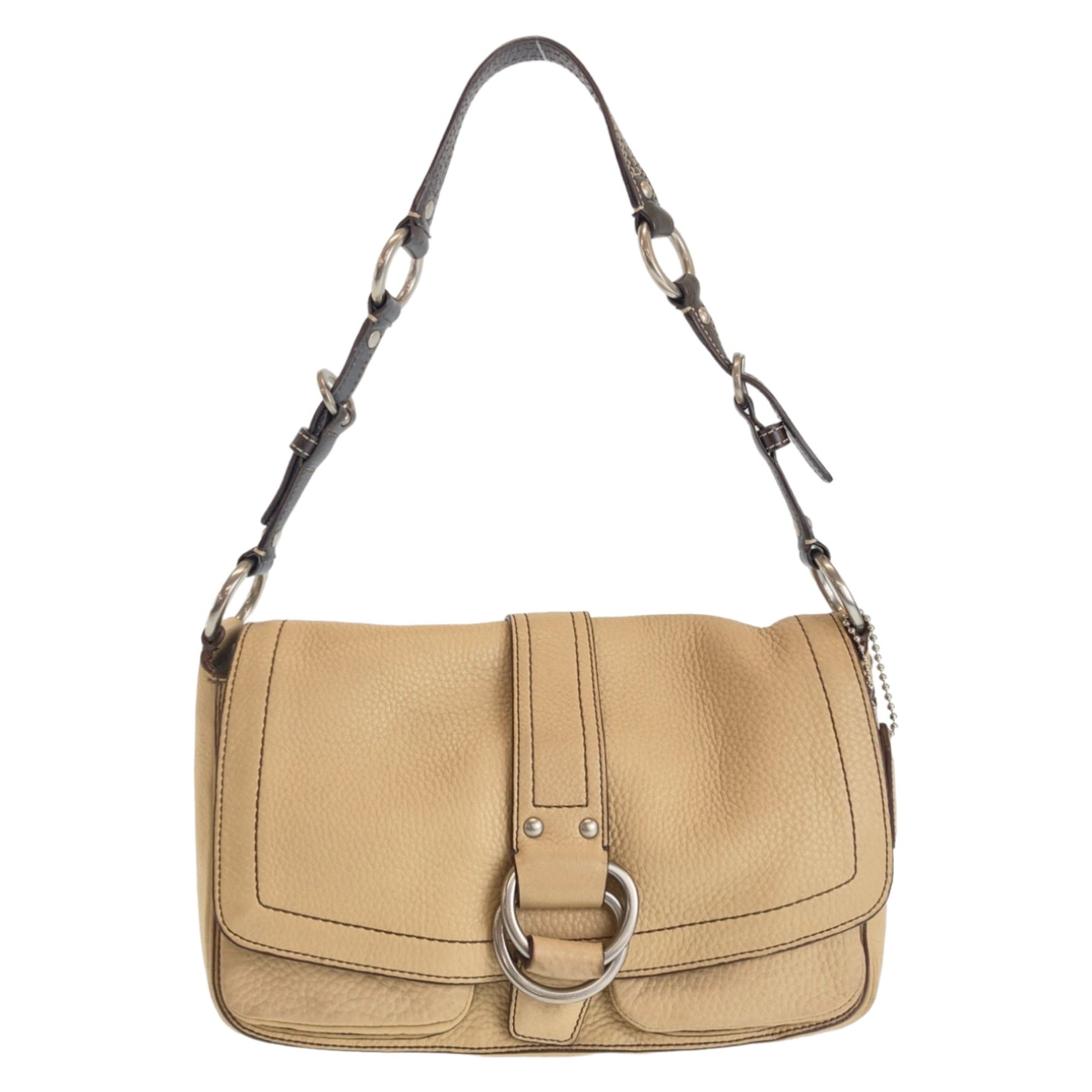 COACH Beige Brown Silver Hardware Leather Shoulder Bag