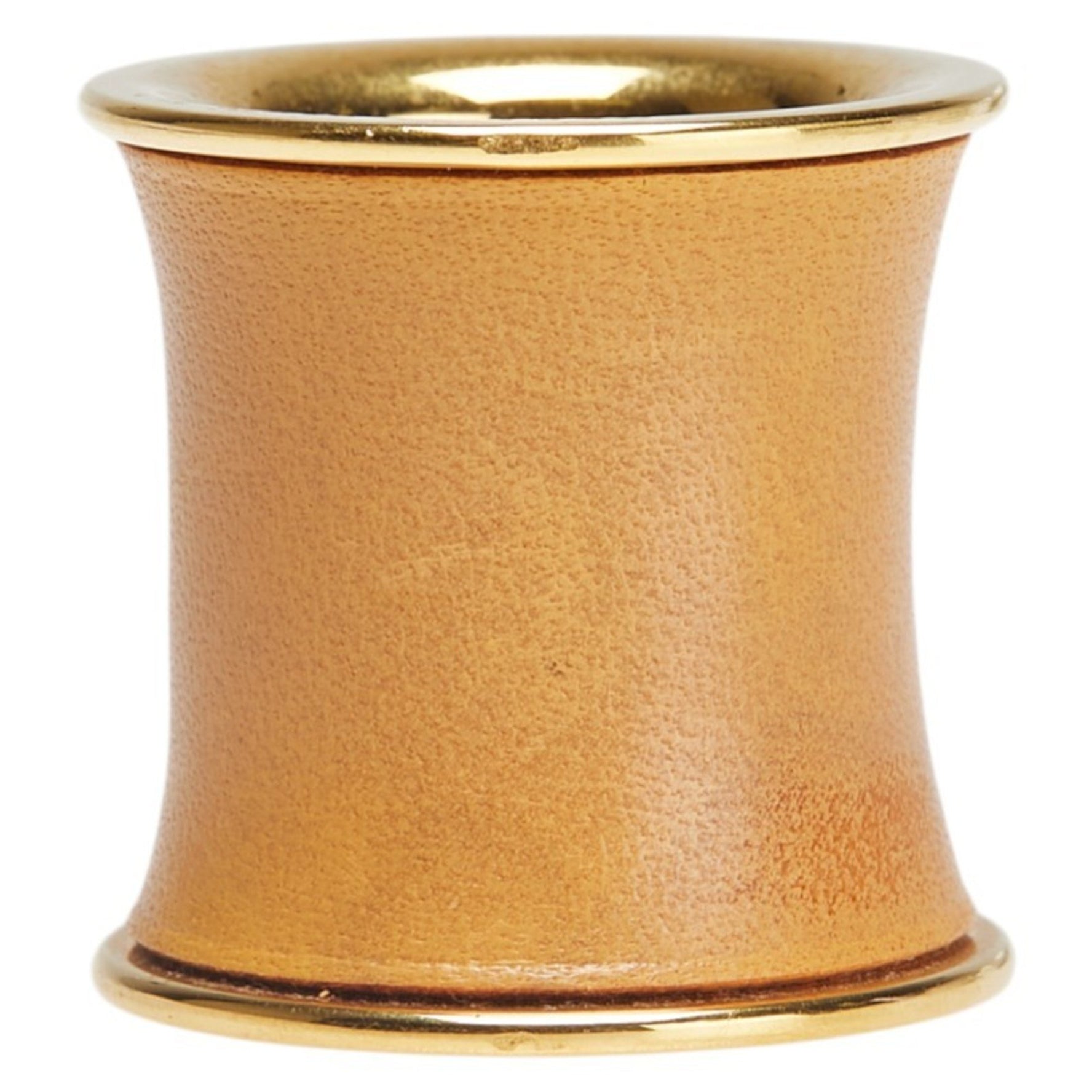 Hermes cylindrical scarf ring in gold and beige plated leather .