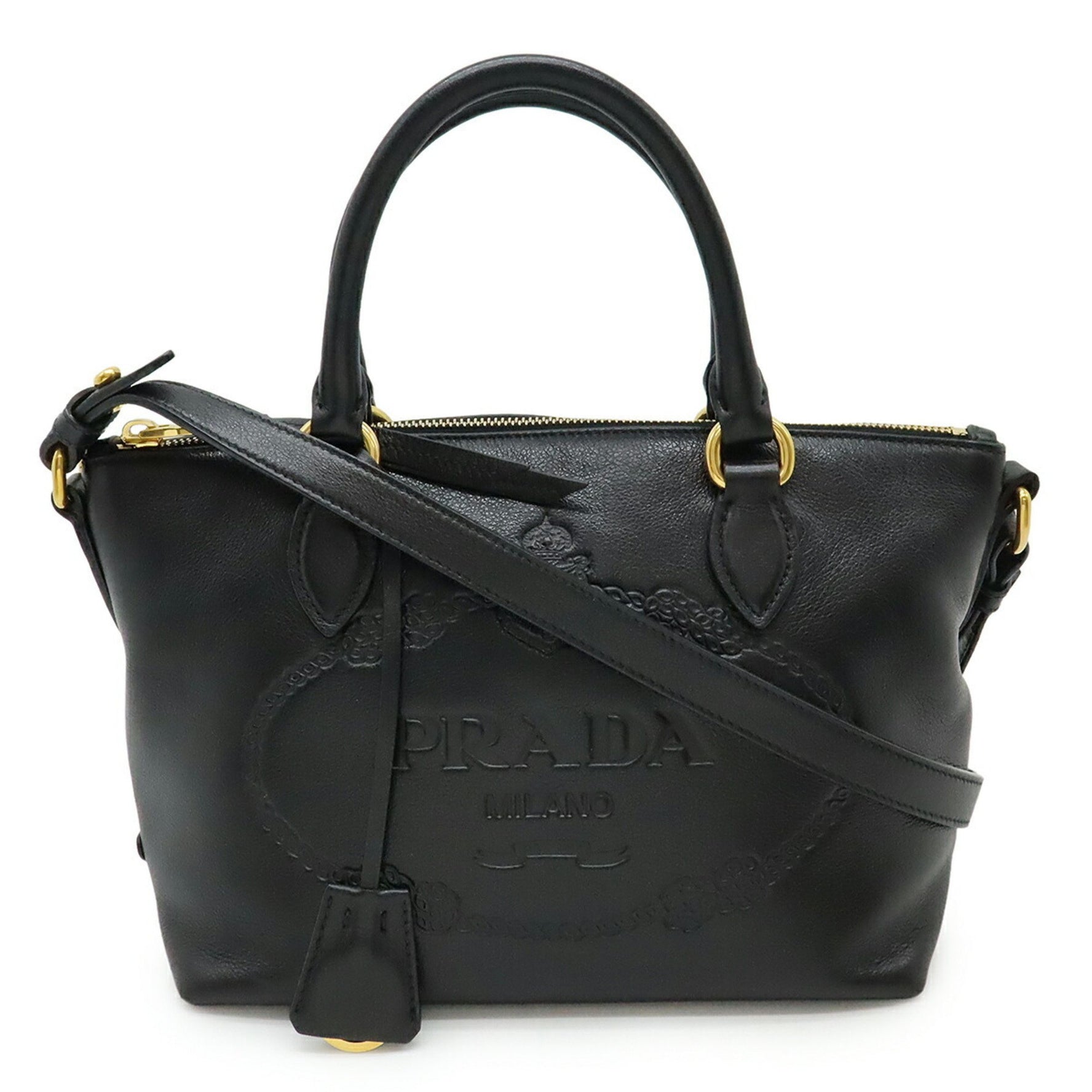 PRADA Handbag Tote Bag Shoulder Embossed Leather NERO Black