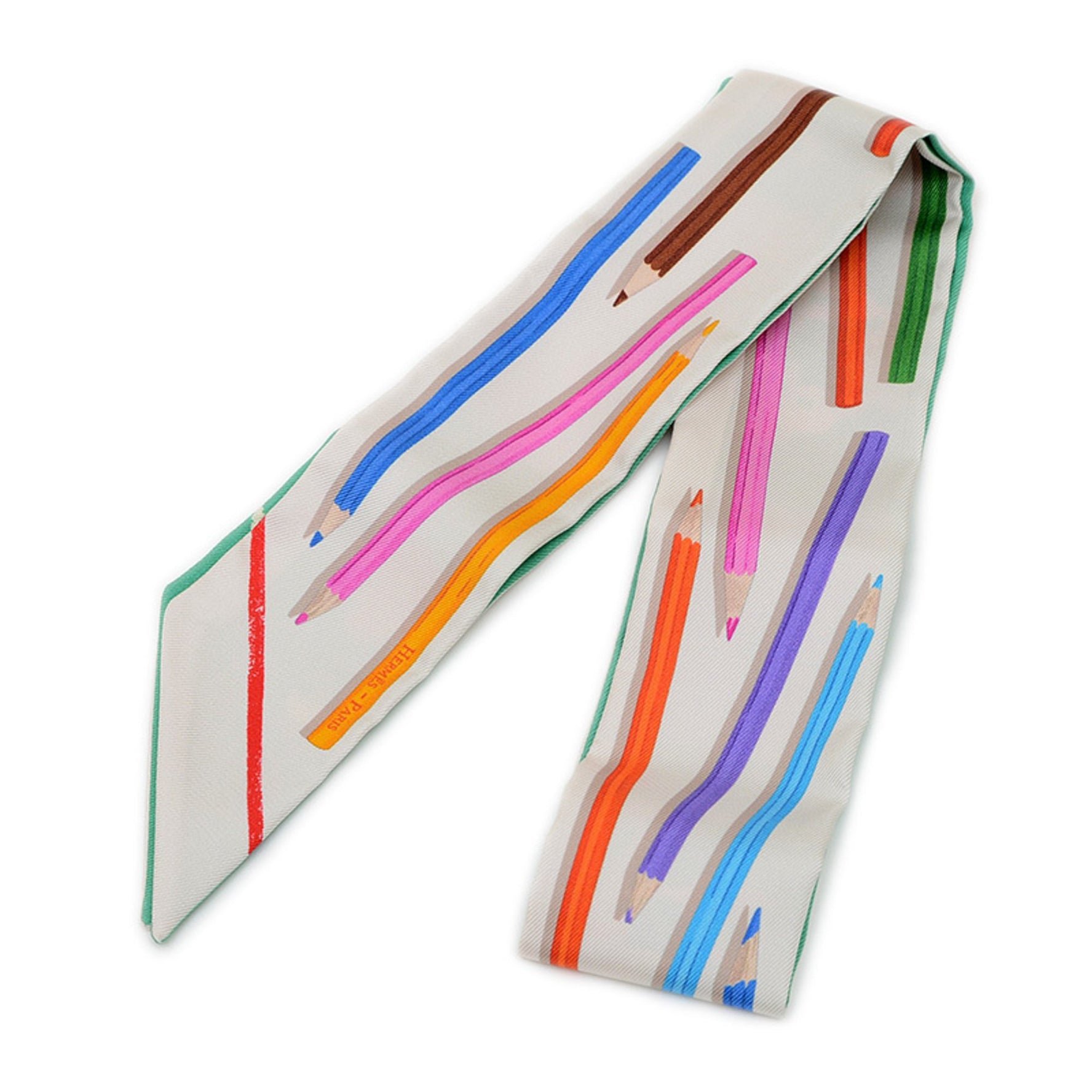 Hermes Hermès Twilly Scarf/Muffler: Get out your colored pencils! Carre Libre Silk Creme Vert Multicolor BP