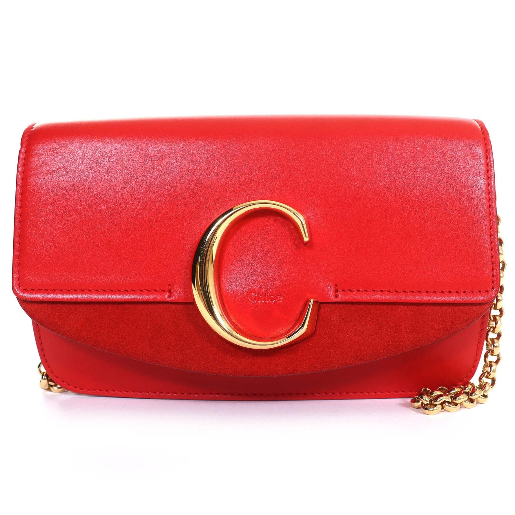 Chloé Chloe C logo suede leather and chain shoulder bag in red with gold hardware. Includes dust bag. Made Italy.