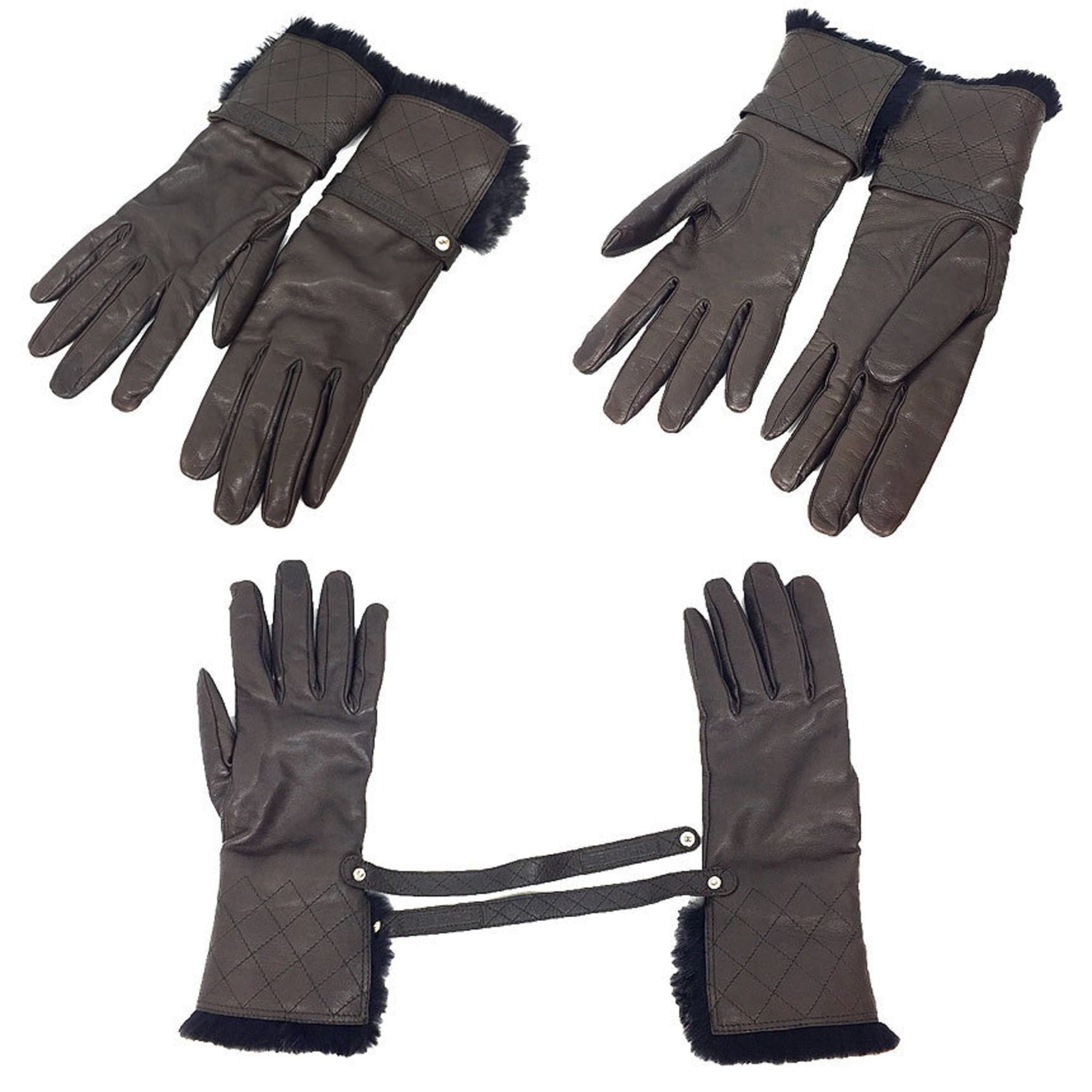 CHANEL Leather Gloves Matelasse Fur