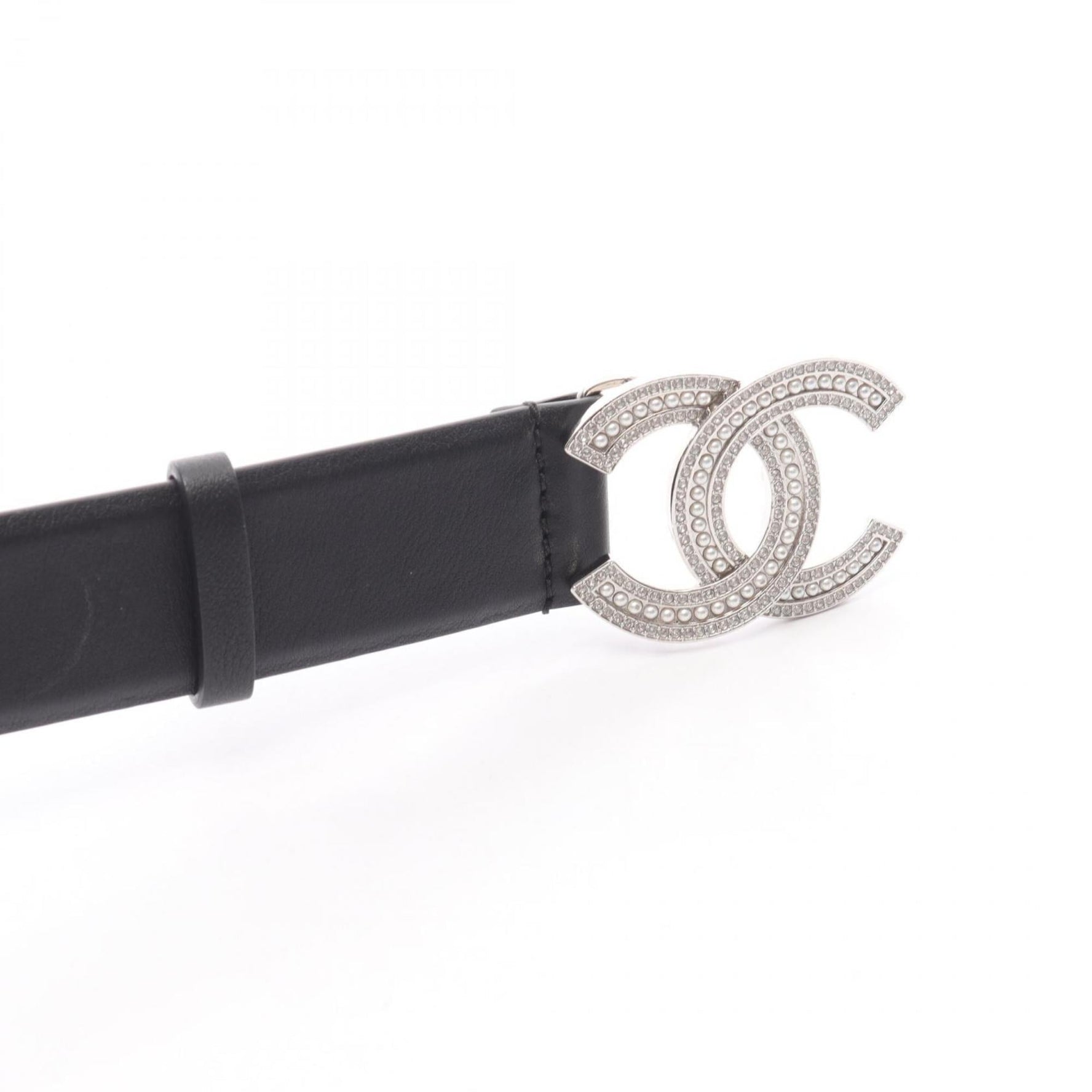 Chanel Coco Mark belt, leather, rhinestones, and faux pearls, available in black, clear, white.