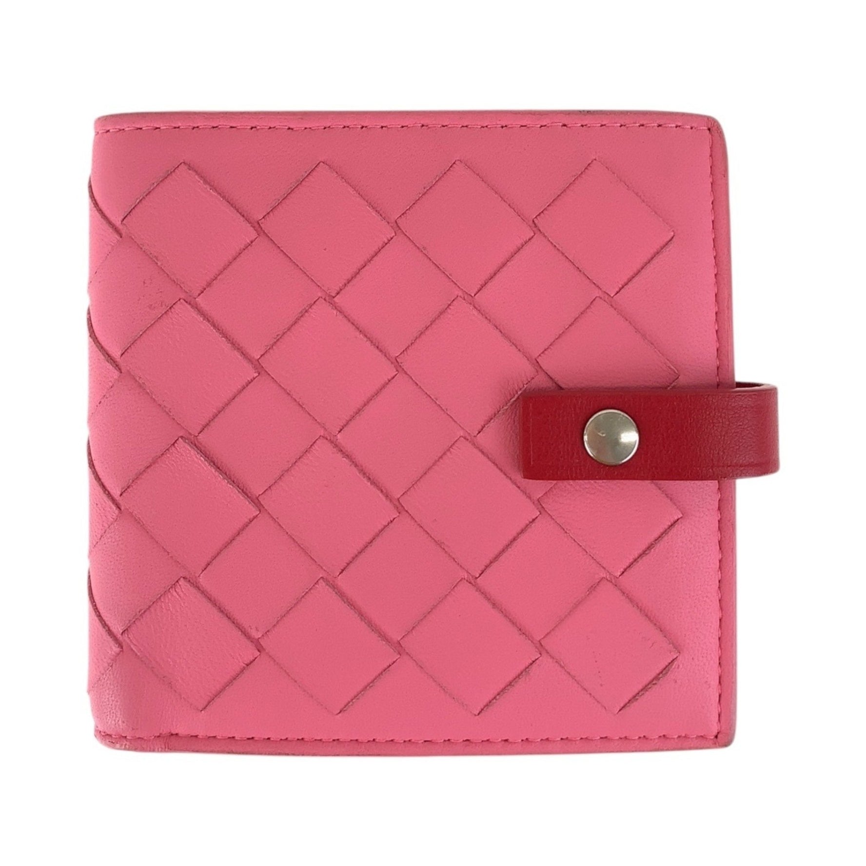 BOTTEGA VENETA Bottega Veneta Intrecciato Pink Red Silver Hardware Leather Folding Wallet Compact