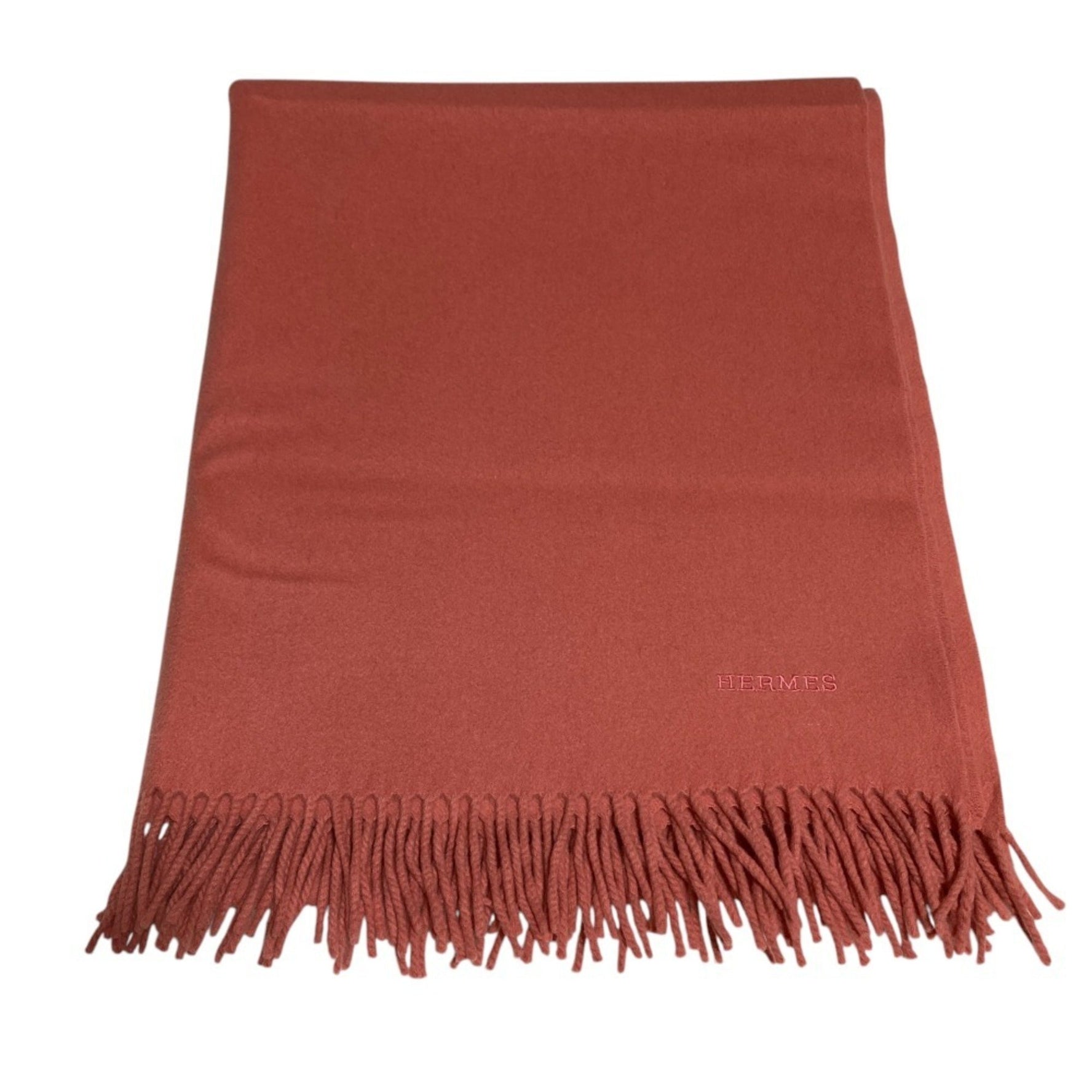 HERMES 100% Cashmere Logo Embroidered Large Stole/Scarf, Pink Orange