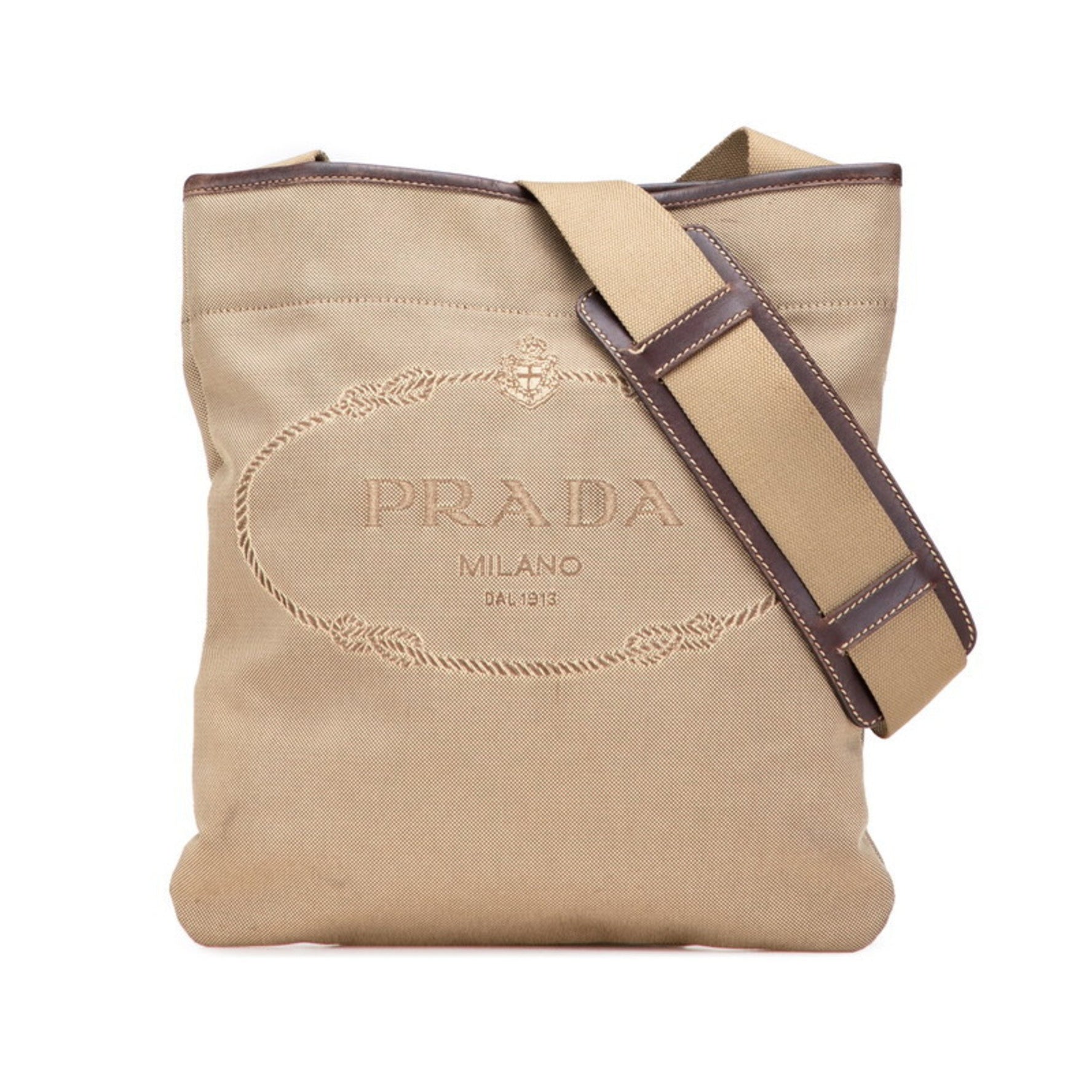Prada Logo Jacquard Crossbody Shoulder Bag in Beige and Brown Canvas
