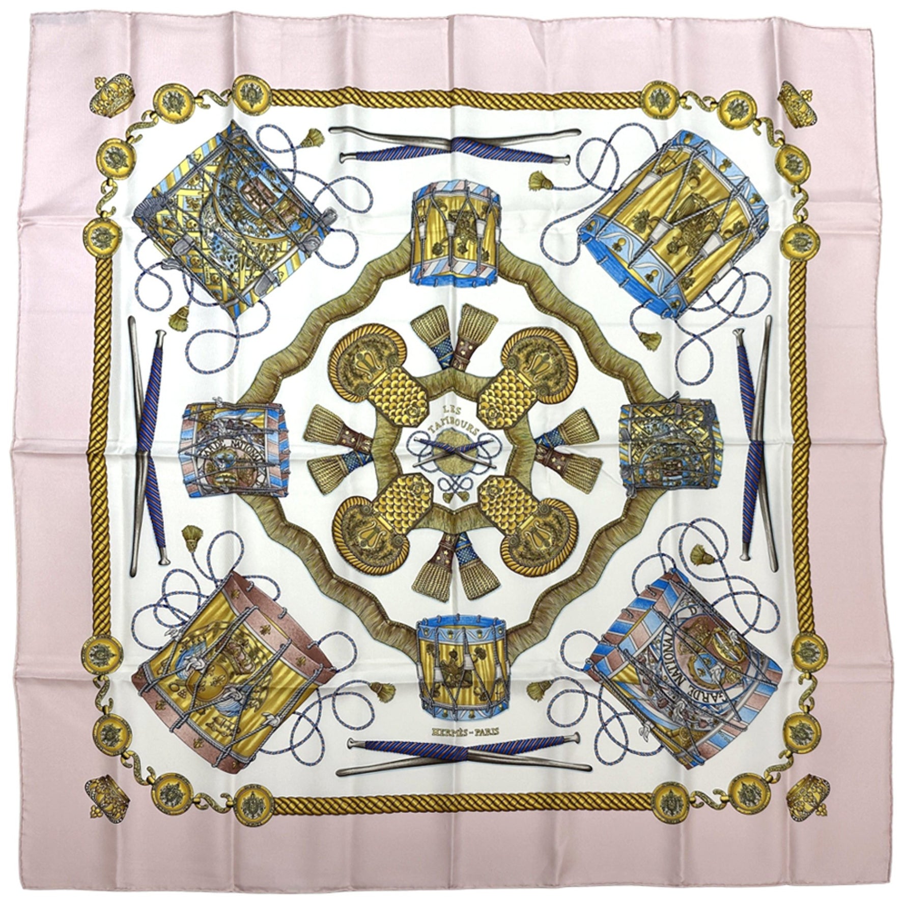 Hermès HERMES Carré 90 LES TAMBOURS scarf, silk scarf in pink and multicolor. Perfect for festivals musical instruments.