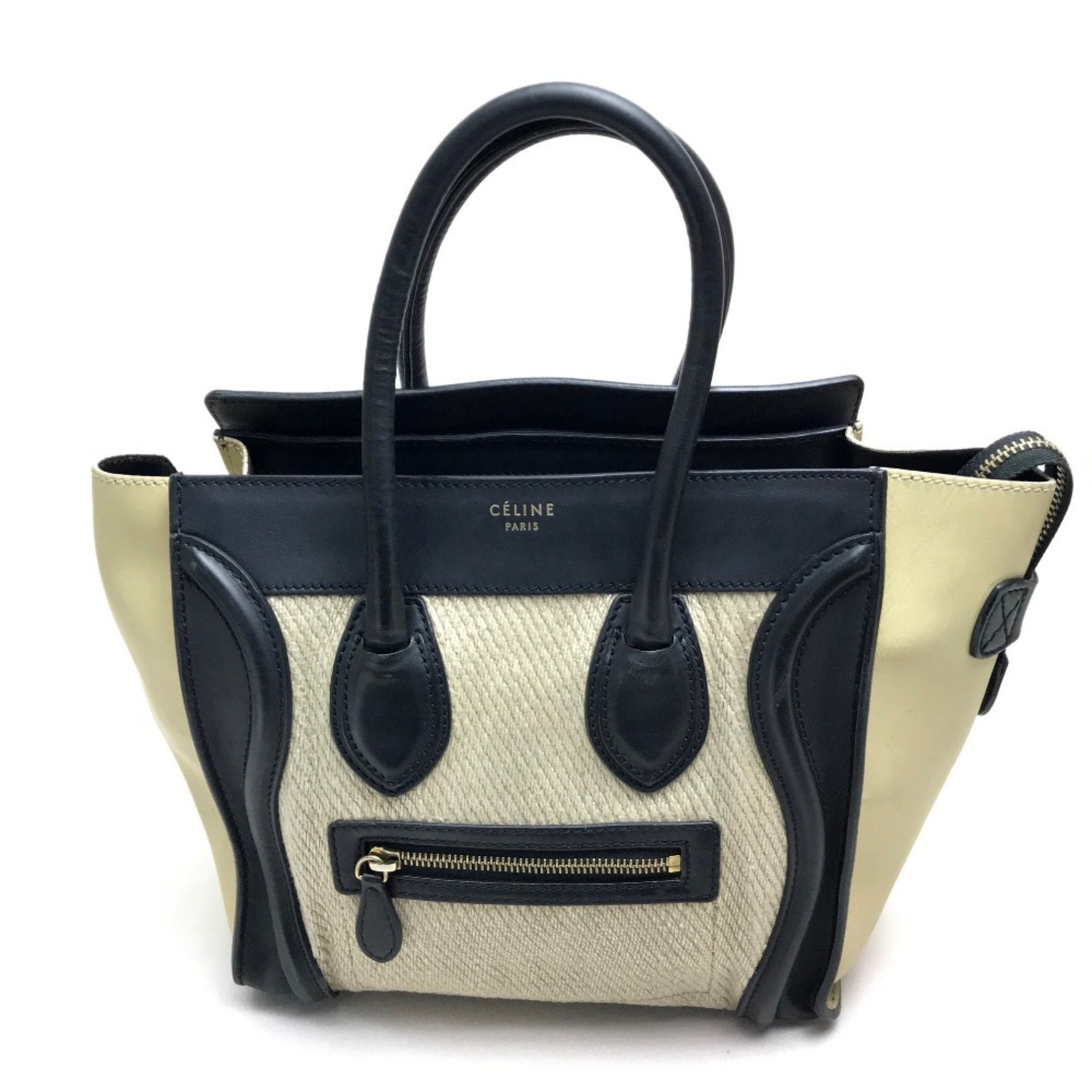 CELINE Micro Shopper Luggage Series Tote Bag Leather Linen Beige x Black