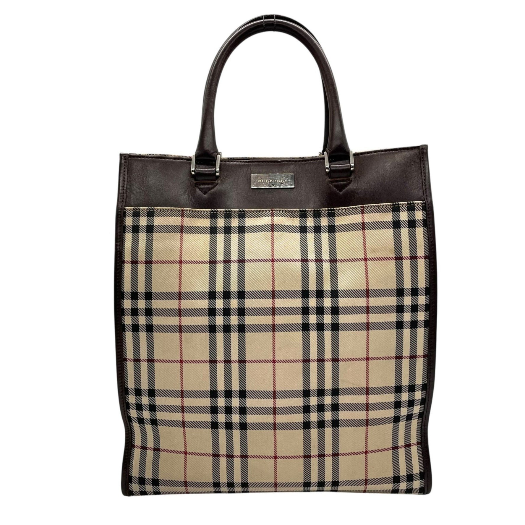 Burberry Nova Check Handbag Tote Bag in Beige and Brown Canvas Leather with Silver Hardware Women