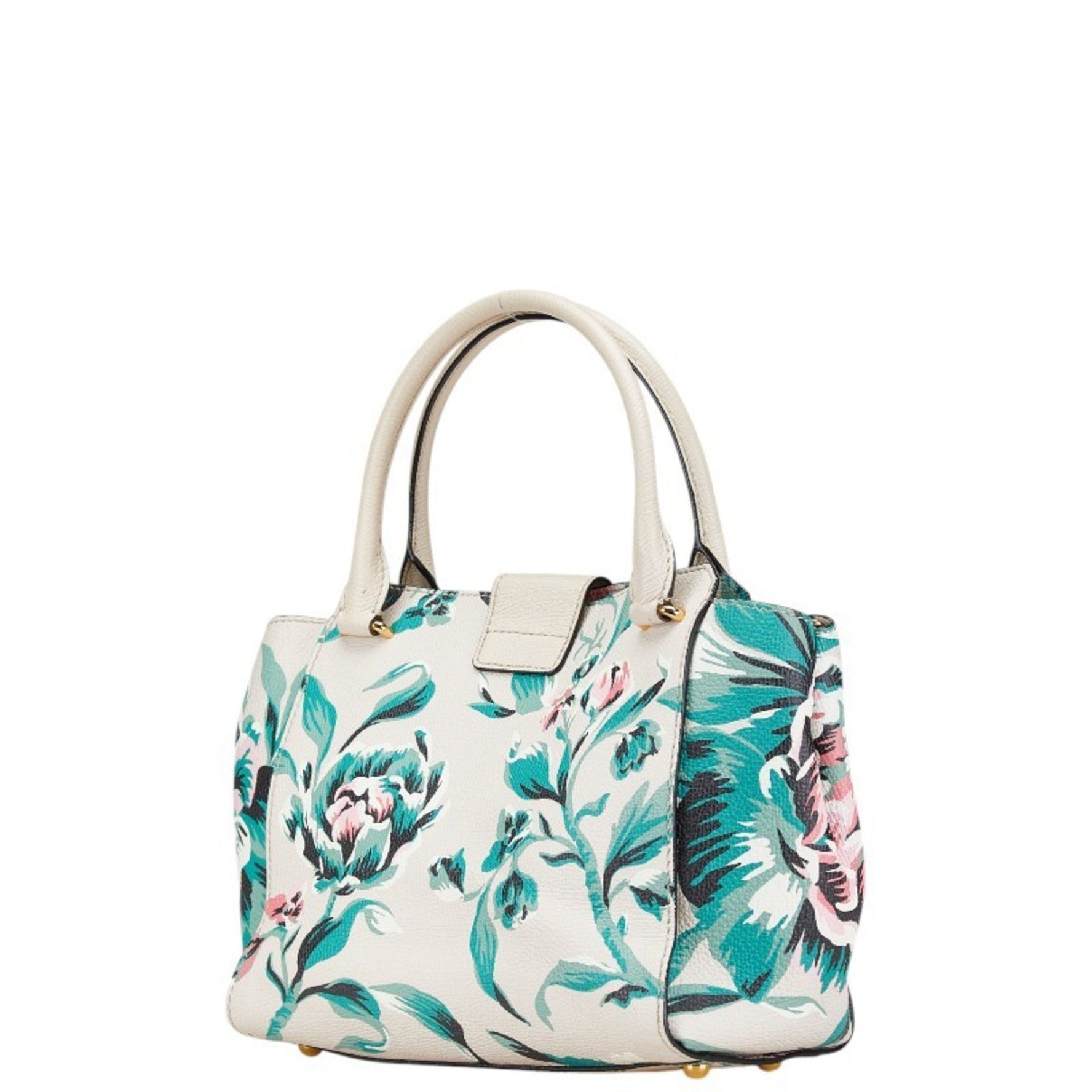 Burberry Check Buckle Tote with Floral Motif, Handbag, One-Shoulder Bag, Beige, Green, Multicolor Leather