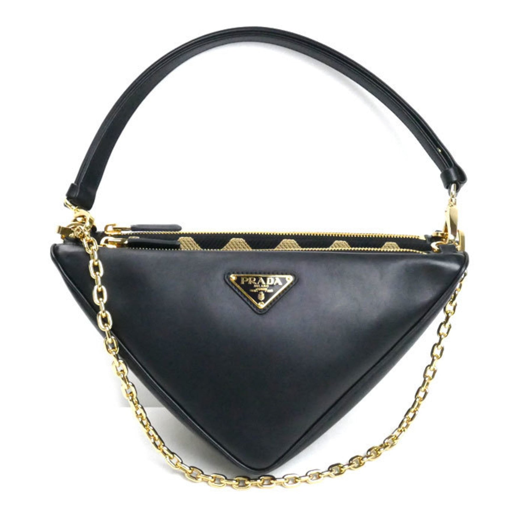 PRADA Triangle Bag Shoulder Black x Beige Leather Fabric