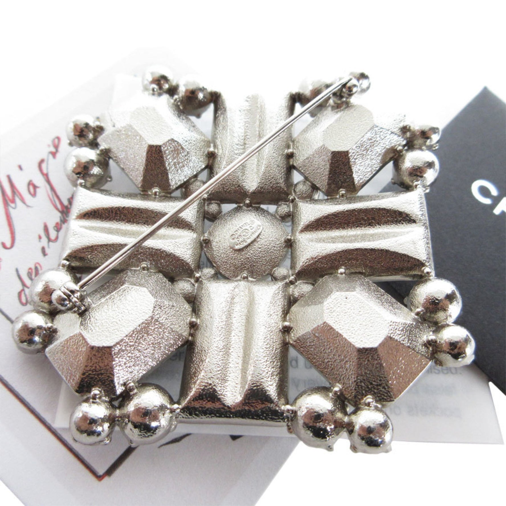 CHANEL Brooch Coco Mark Metal Rhinestone Silver Light Orange