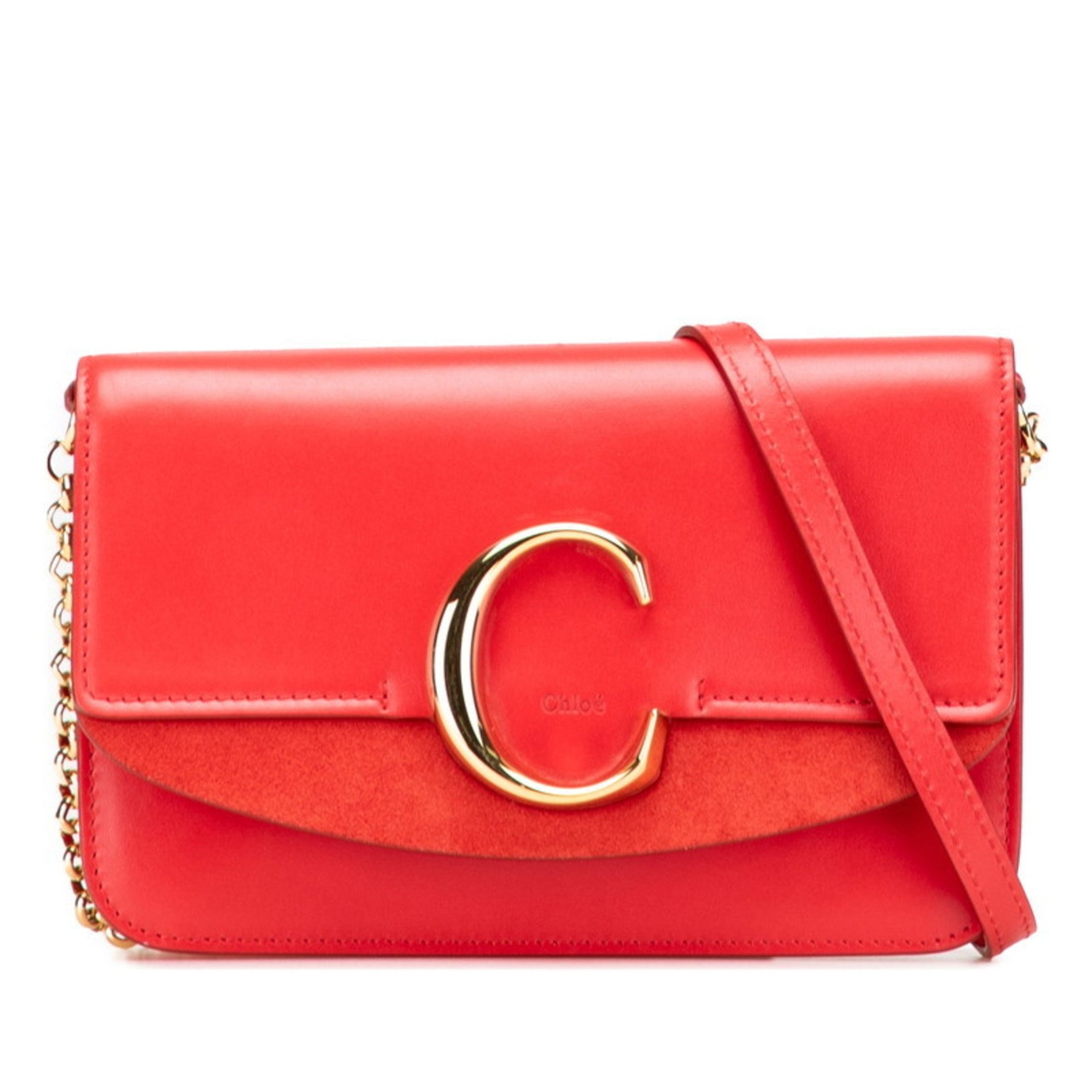 Chloé Chloe C Crossbody Chain Shoulder Bag in Red Leather and Suede