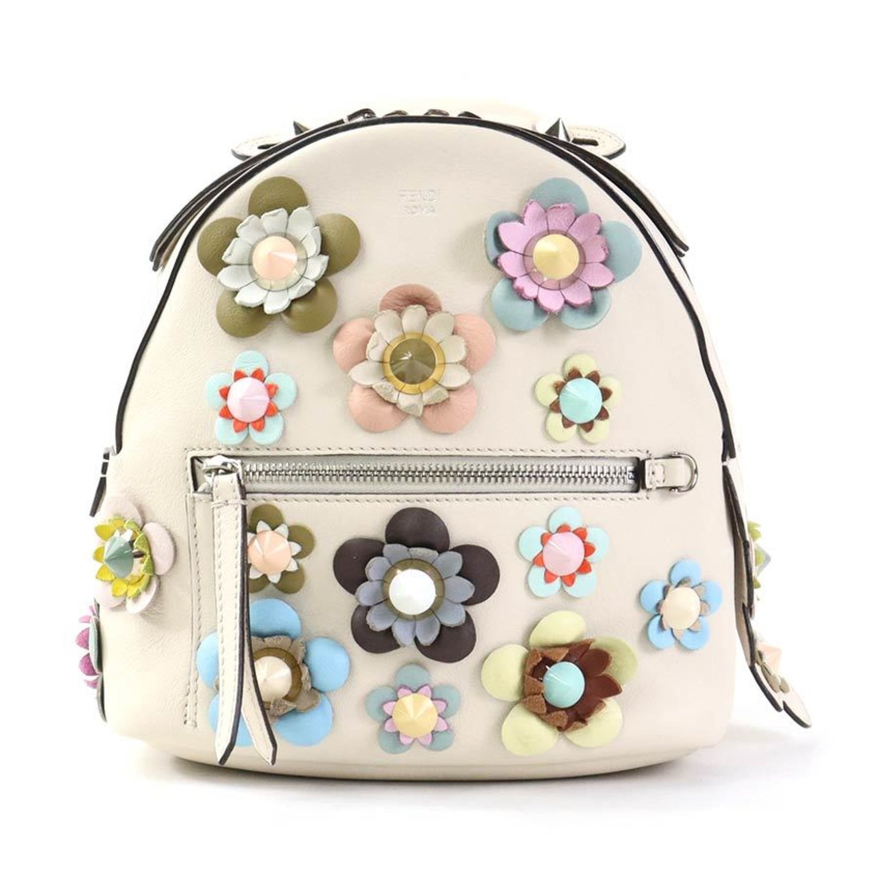 FENDI Backpack Leather Light Beige Multicolor Silver
