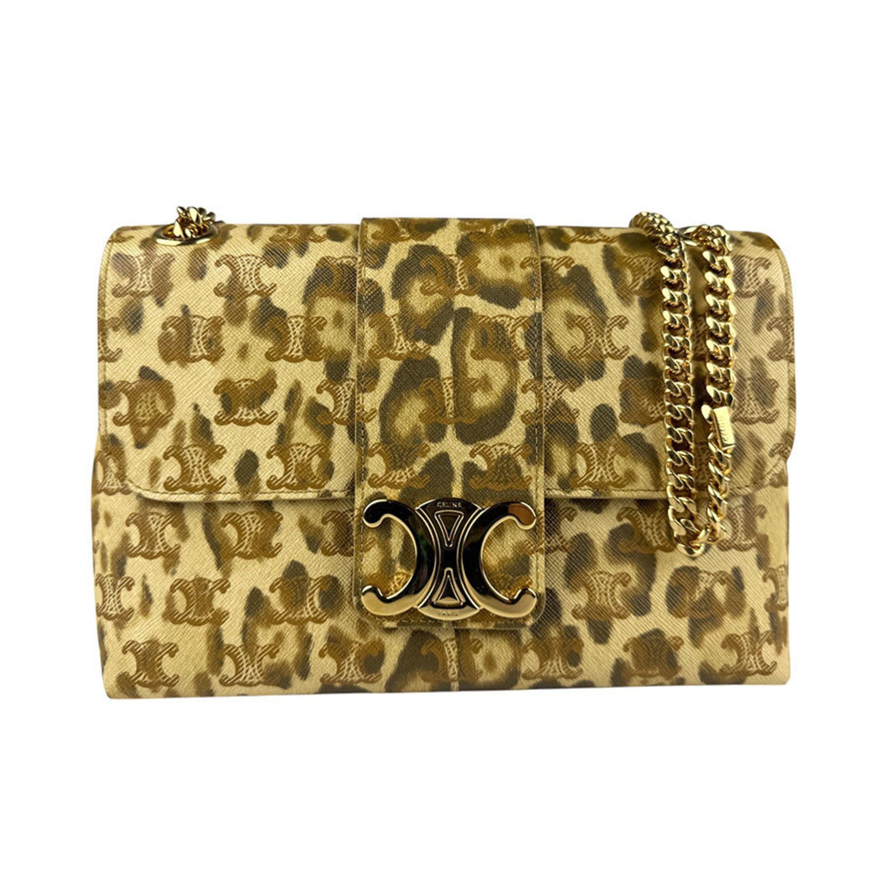 CELINE Shoulder Bag Leopard Leather Metal Beige Brown Gold