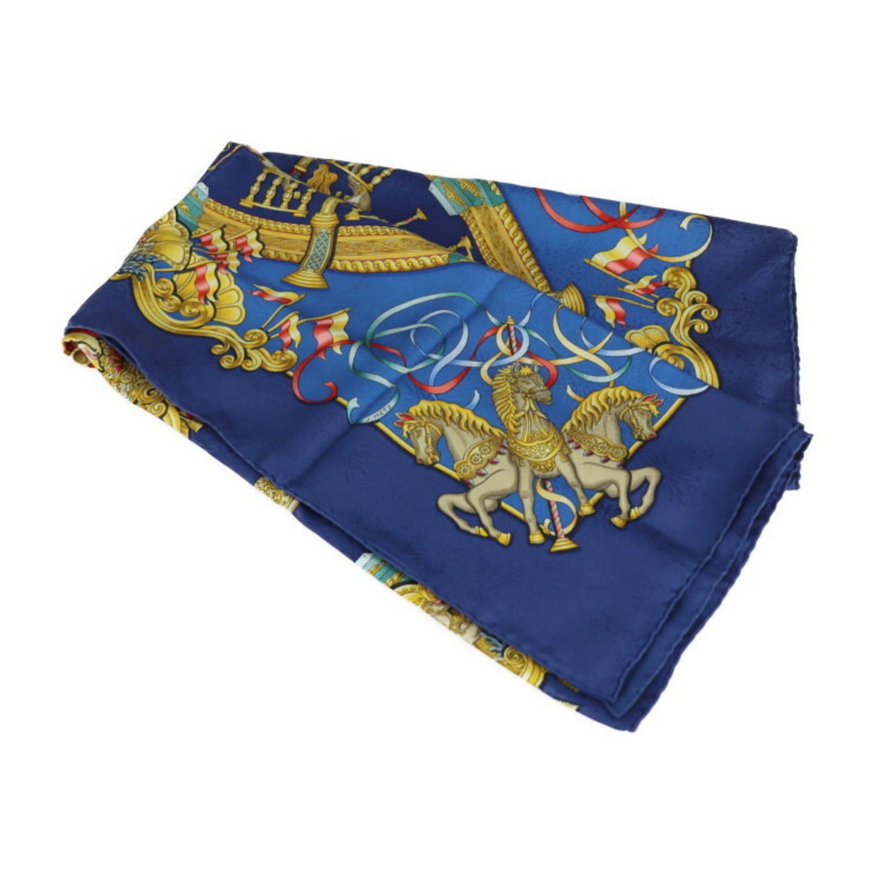 HERMES LUNA PARK Amusement Park Carre 90 Scarf/Muffler Silk Blue Multicolor Merry-go-round