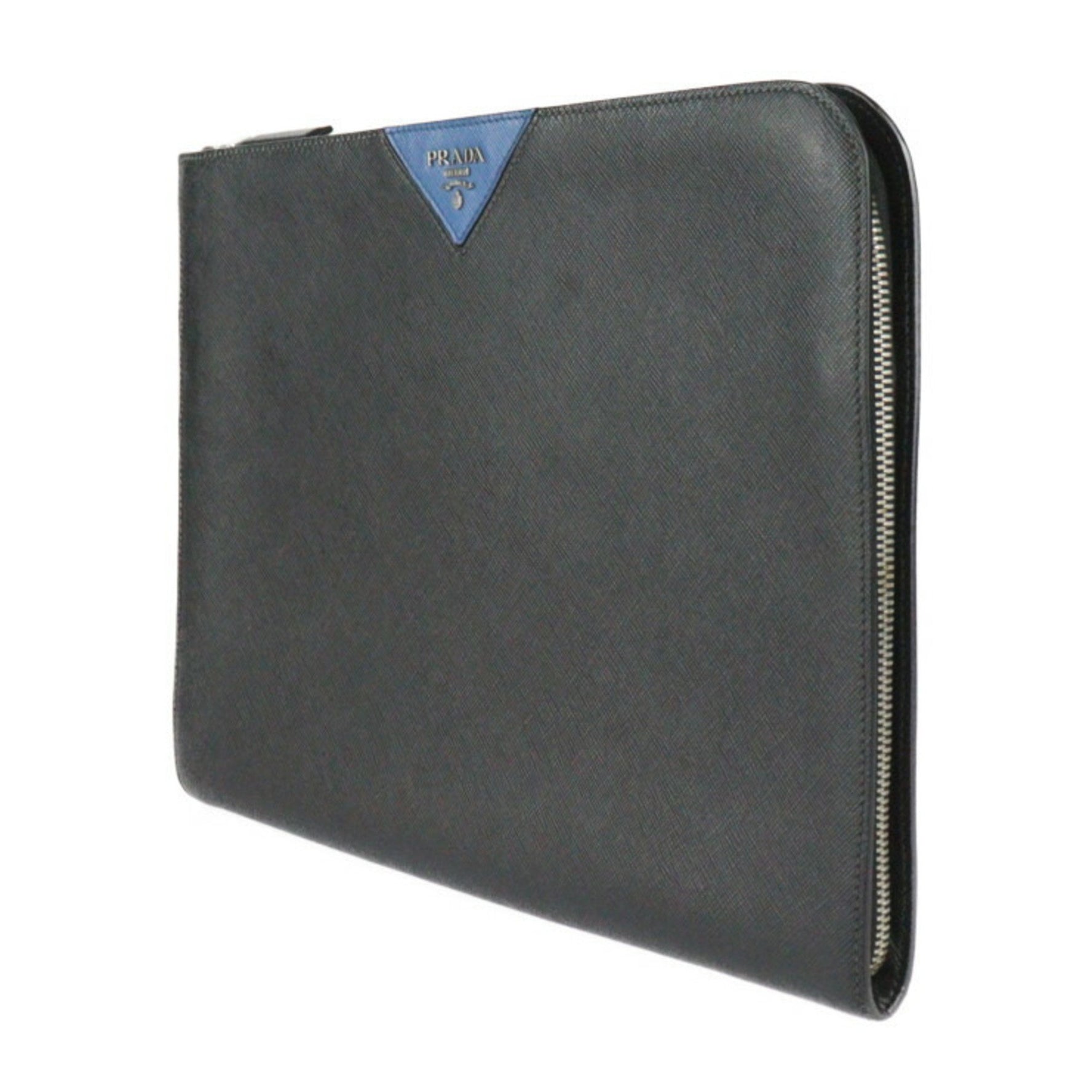 PRADA SAFFIANO TRAVEL Case Second Bag Leather Black Blue L-Shaped Clutch Pouch