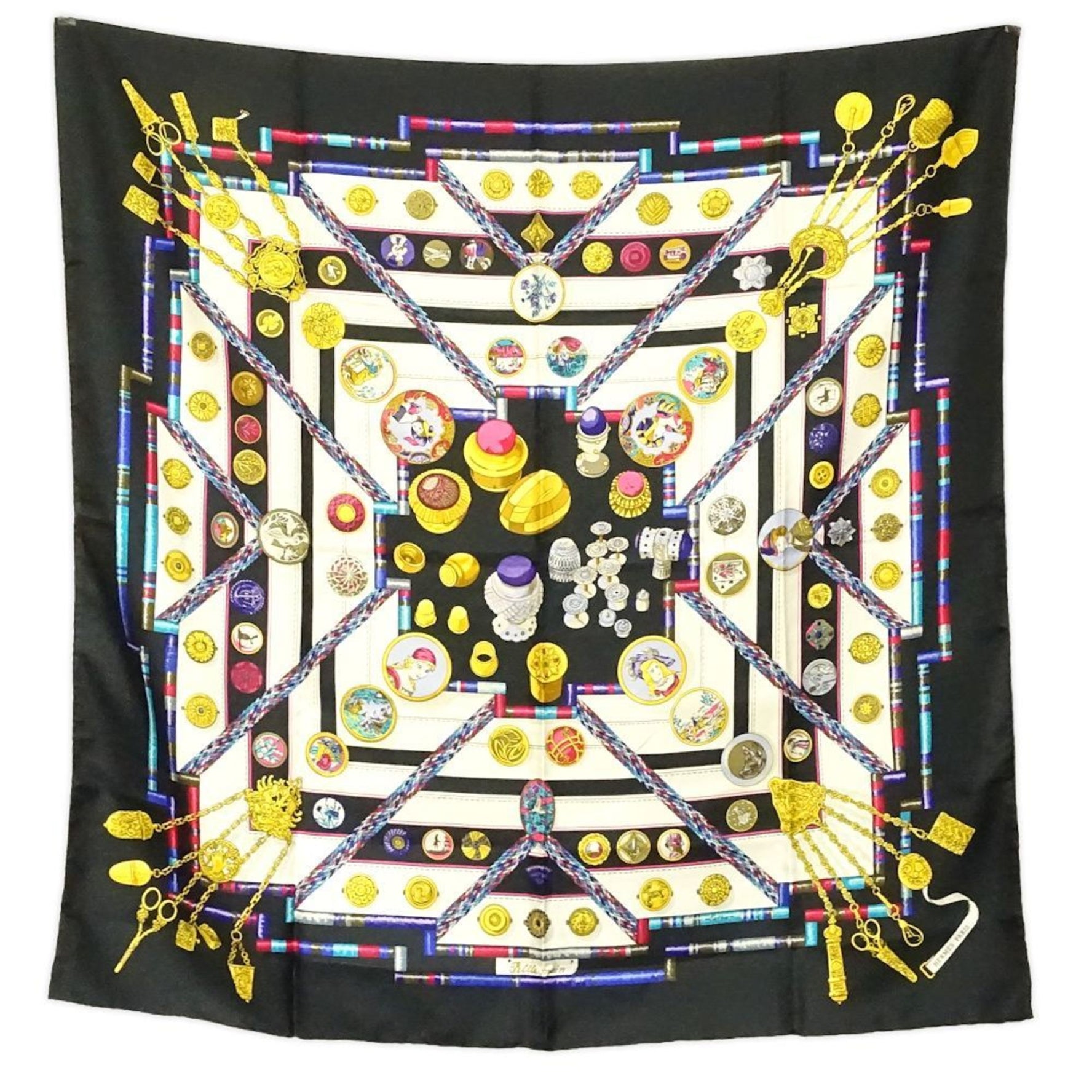 HERMES Scarf/Muffler, Carré 90, Seamstress, Petite Main, Silk, Black, Multicolor