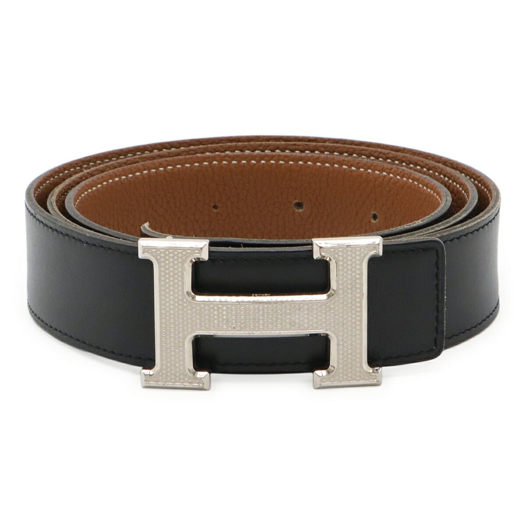 HERMES H-guilloché H-belt, reversible leather, black, camel, light brown, #100, K stamped