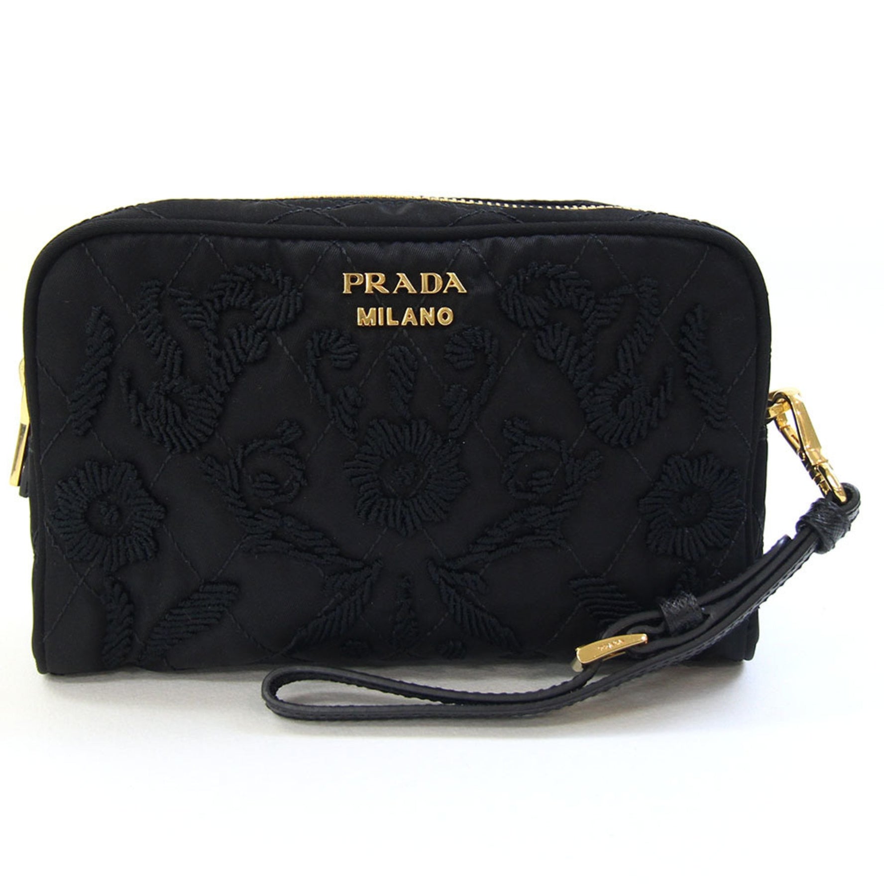 Prada Pouch Black Nylon and Leather Clutch Bag with Strap, Floral Embroidery