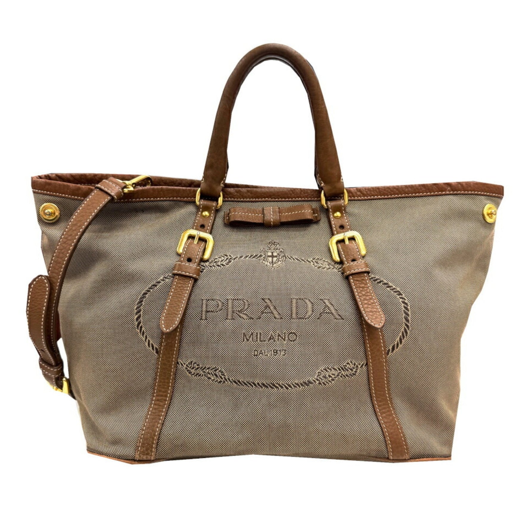 PRADA Jacquard Shoulder Bag Canvas Leather
