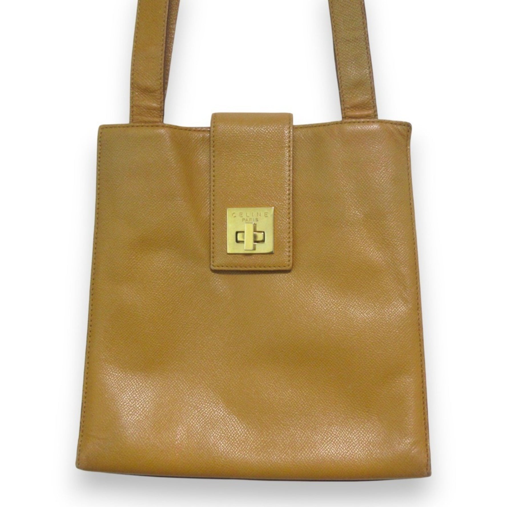 CELINE Turnlock Leather Tote Bag One Shoulder Camel Brown x Gold Hardware