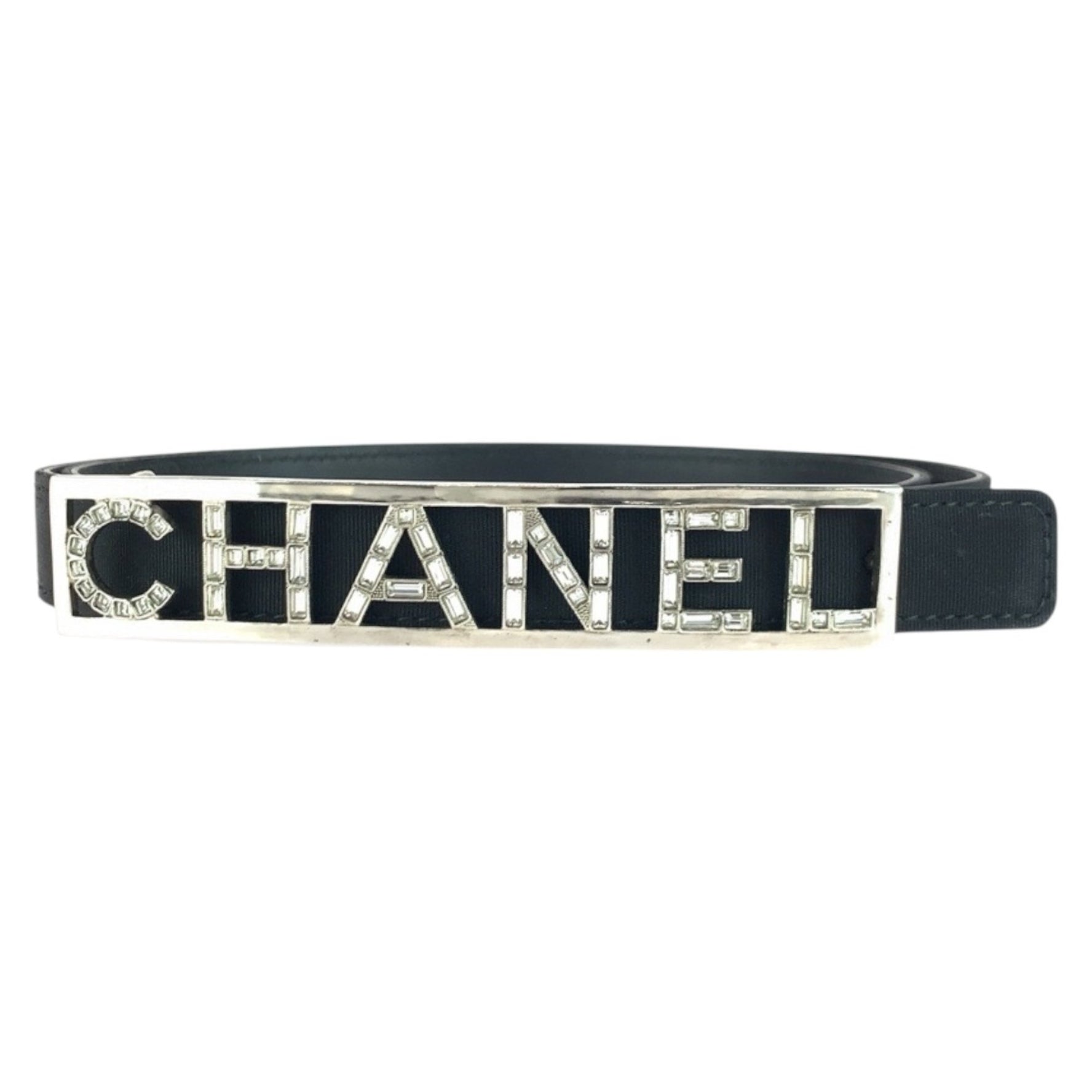 CHANEL Logo Rhinestone Belt, with Silver Hardware, Leather, S Stamp