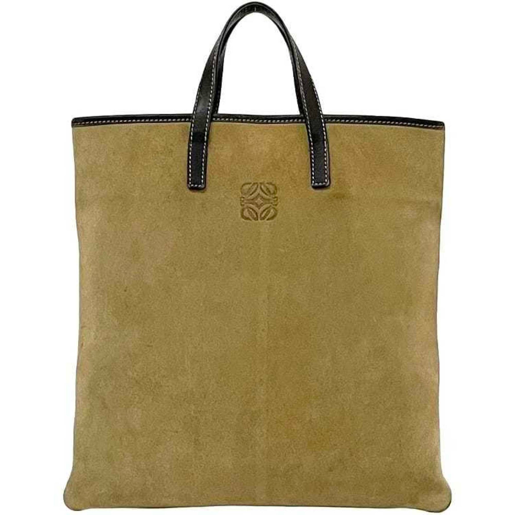 Loewe Tote Bag Beige Brown Anagram Suede Leather Handbag Men's Engraved