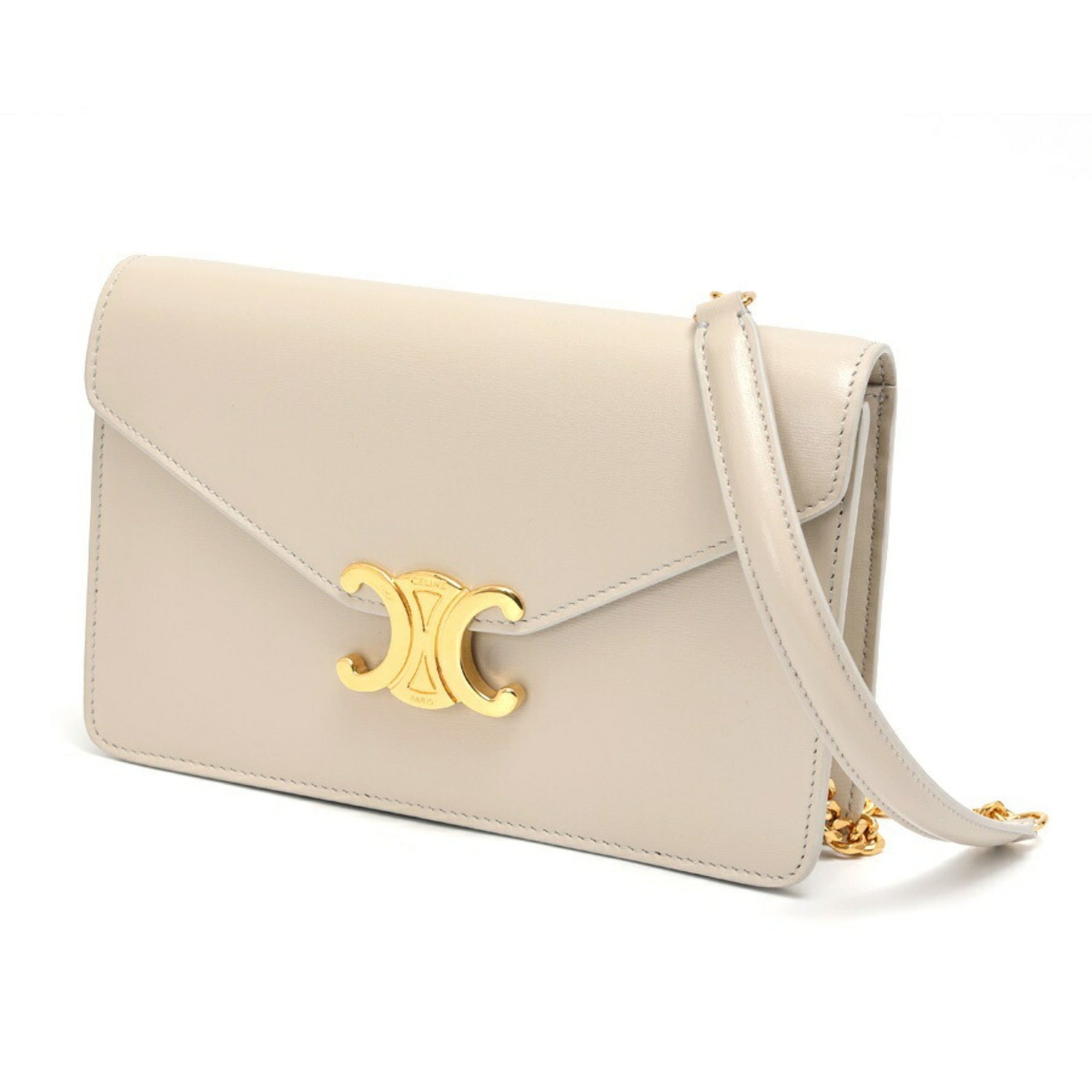 CELINE Chain Wallet Margot Shoulder Shiny Calfskin Greige