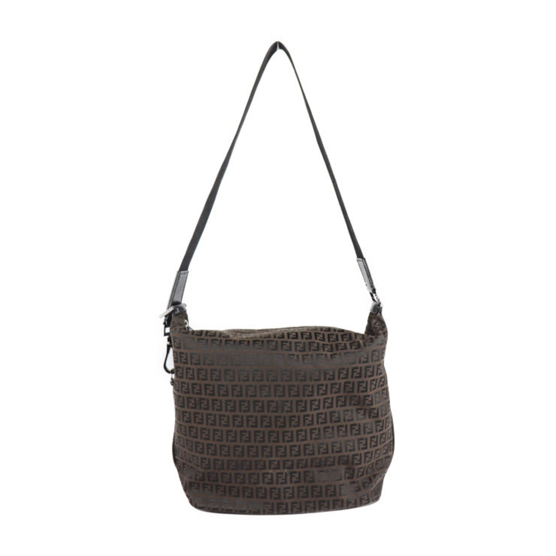FENDI Zucchino Shoulder Bag Canvas Leather Dark Brown Black Messenger Tote