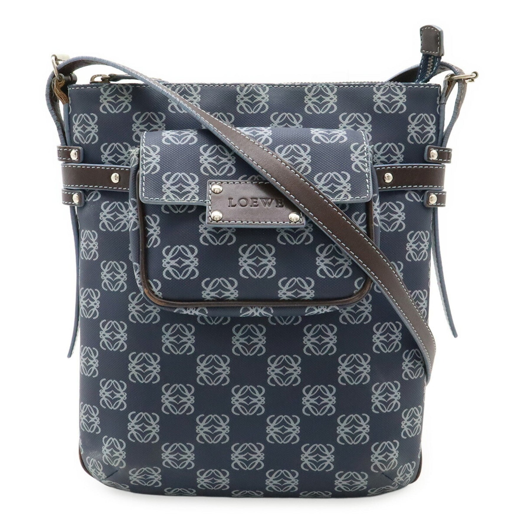 LOEWE Anagram Shoulder Bag in PVC and Leather, Navy Dark Brown