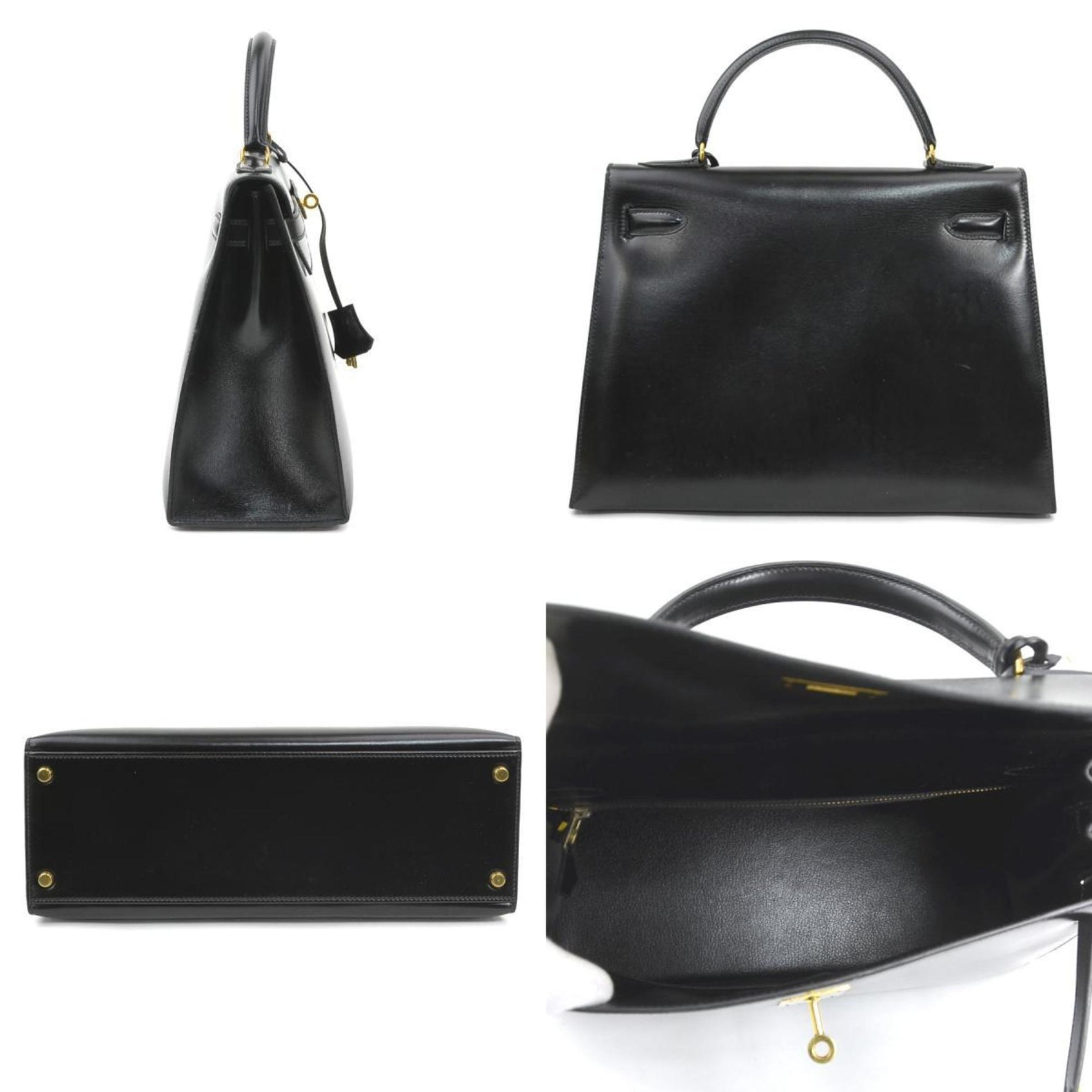 Hermes Hermès Kelly 32 Handbag, Box Calf Leather, Black and Gold, Women's, 90177a
