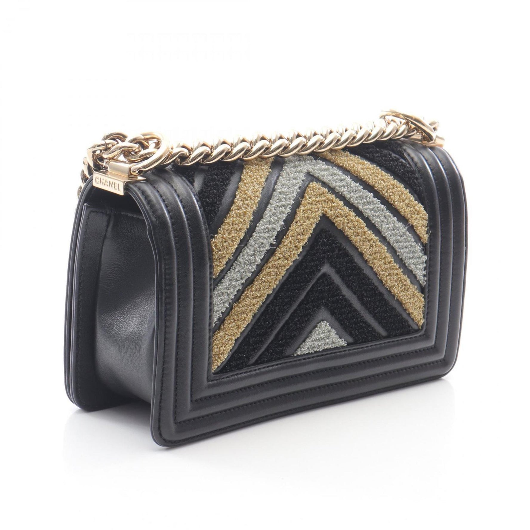 CHANEL Boy Small Shoulder Bag, Leather and Fabric, Black, Multicolor